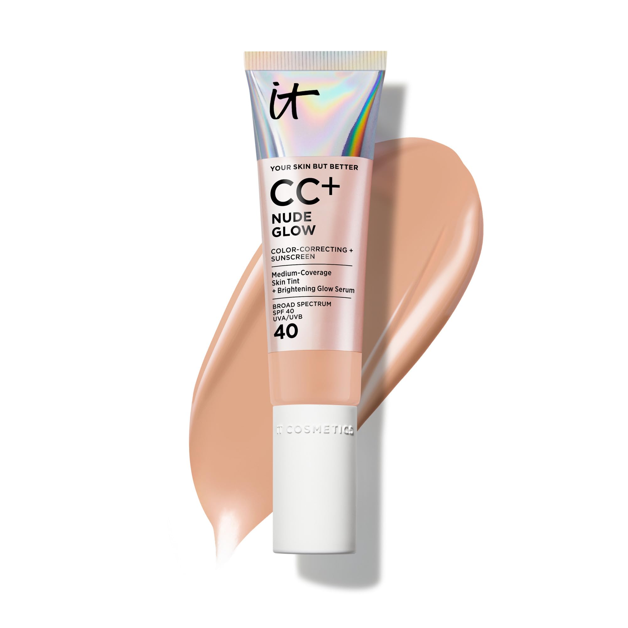 IT Cosmetics CC+ Nude Glow (Neutral Tan) – Medium Coverage Foundation with SPF 40 & Brightening Glow Serum