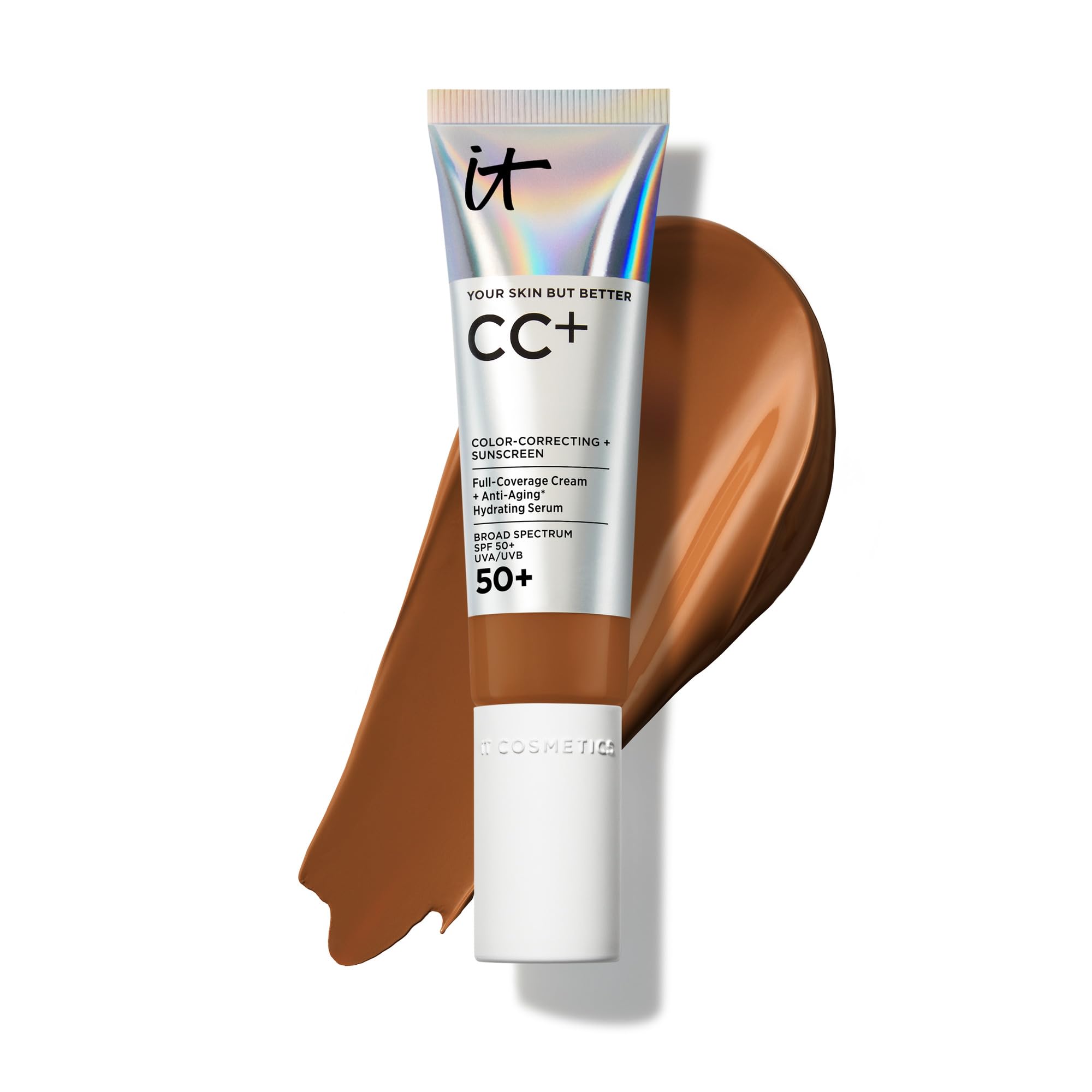 IT Cosmetics CC+ Cream Deep Honey – Natural Full Coverage Foundation with SPF 50+, Color Corrector & Hydrating Serum