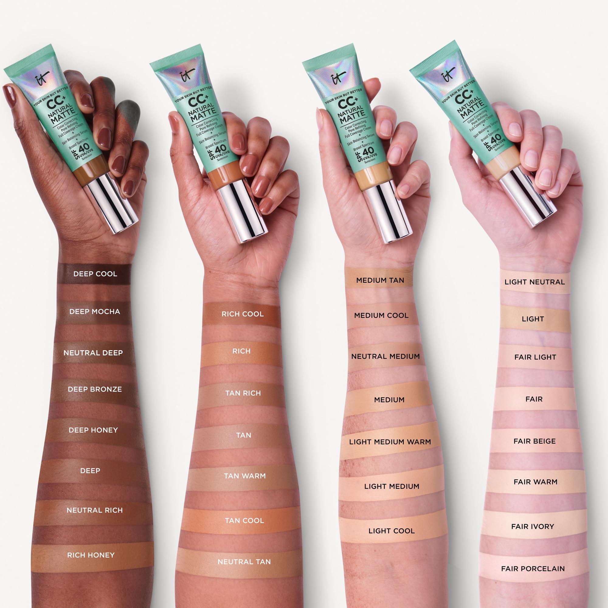 IT Cosmetics CC+ Cream Natural Matte Deep – Poreless Full Coverage Foundation SPF 40 | 16HR Shine Control