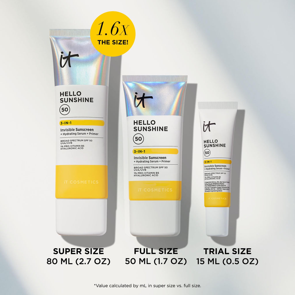 IT Cosmetics Hello Sunshine Invisible Sunscreen SPF 50 — 3-in-1 Hydration, Primer & Clear SPF