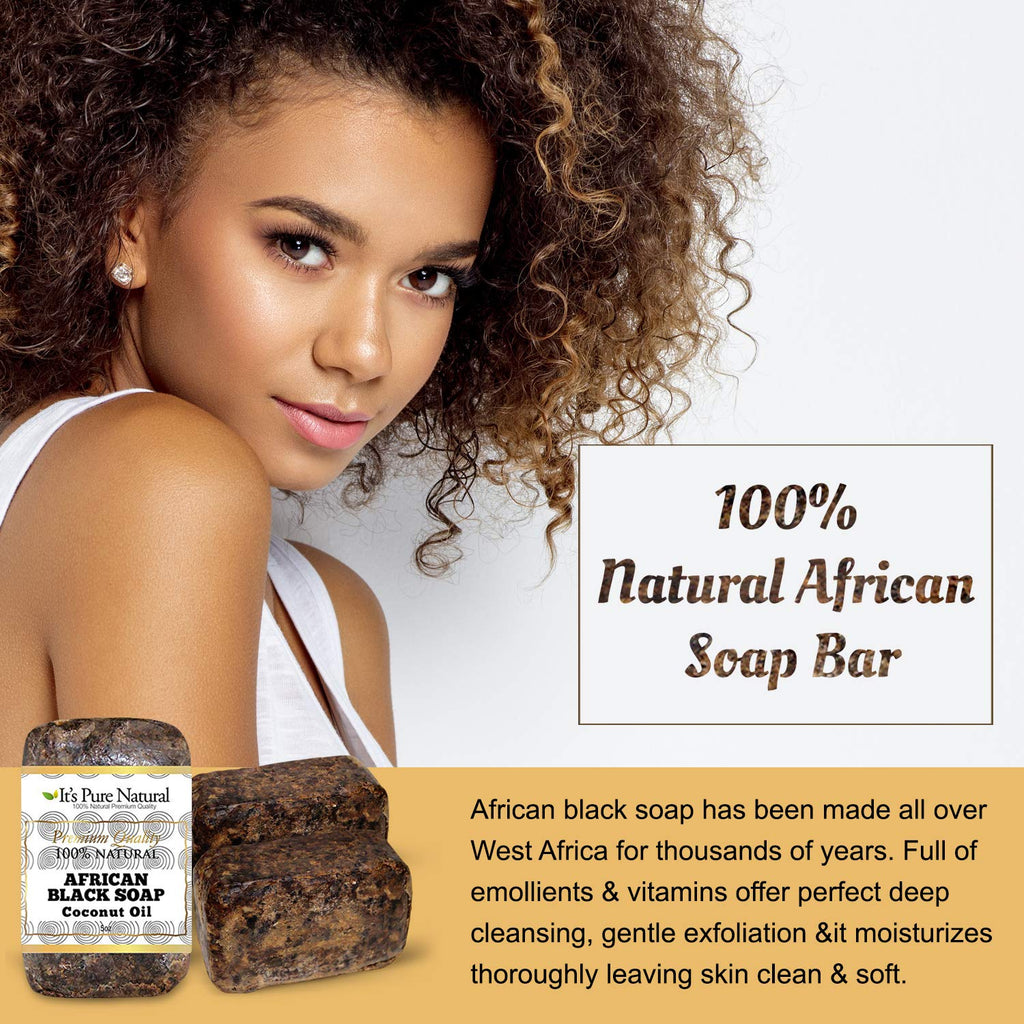 It's Pure Natural African Black Soap Bars with Coconut Oil – Pack of 3, Organic Raw Soap for Face & Body (Made in Ghana)