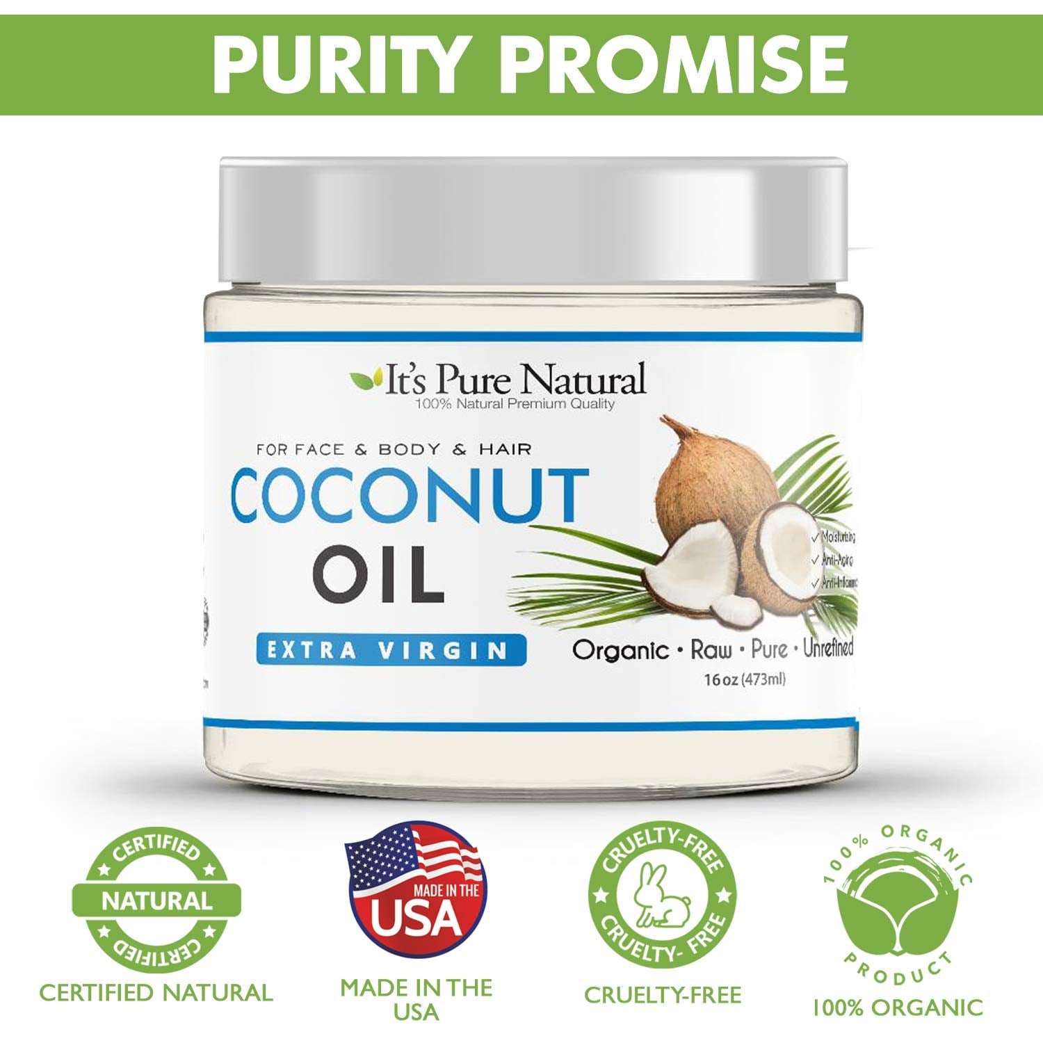 It's Pure Natural Extra Virgin Coconut Oil (16 oz) – Skin, Hair, Cuticles & Massage
