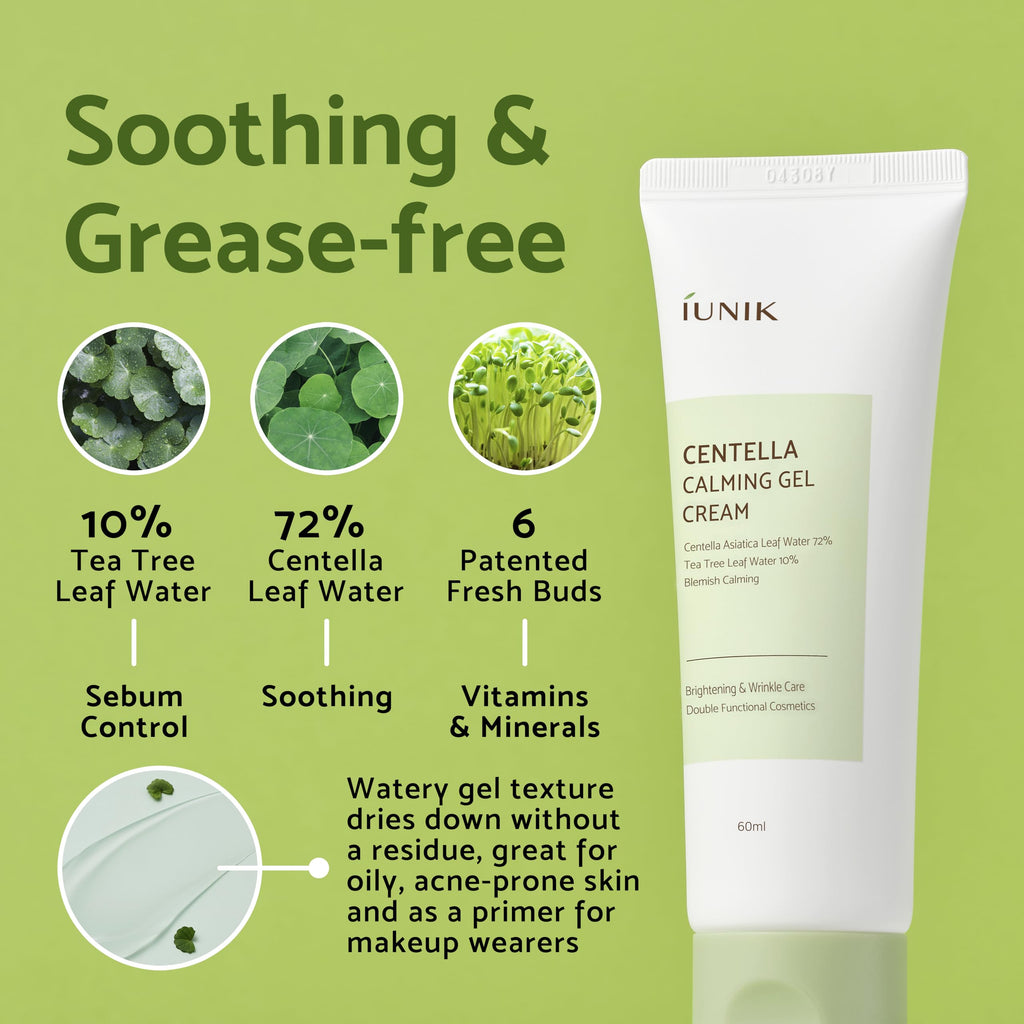 IUNIK Centella 70% Calming Gel Cream – Vegan, Non-Sticky Moisturizer for Oily & Sensitive Skin