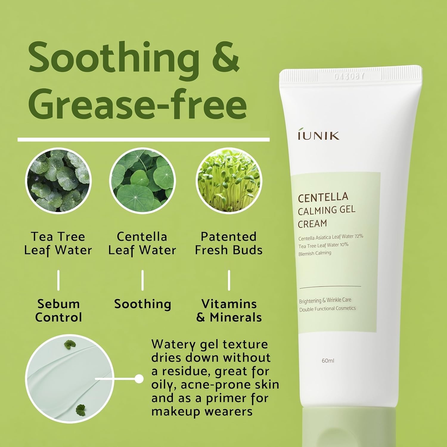 IUNIK Centella Calming Gel Cream – Vegan, Non-Sticky Moisturizer for Sensitive, Oily Skin