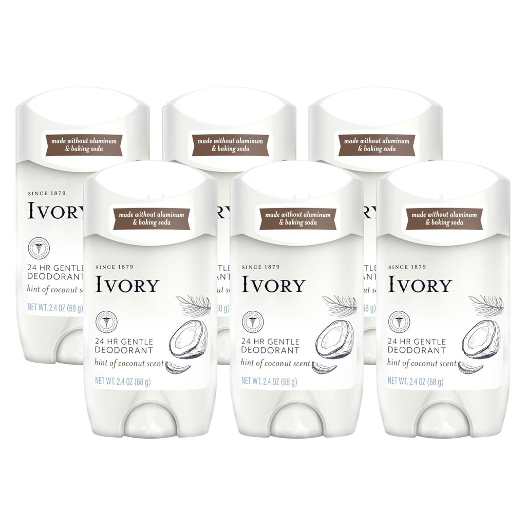 Ivory Aluminum Free Deodorant with Hint of Coconut — 24-Hour Gentle Odor Protection, 6-Pack