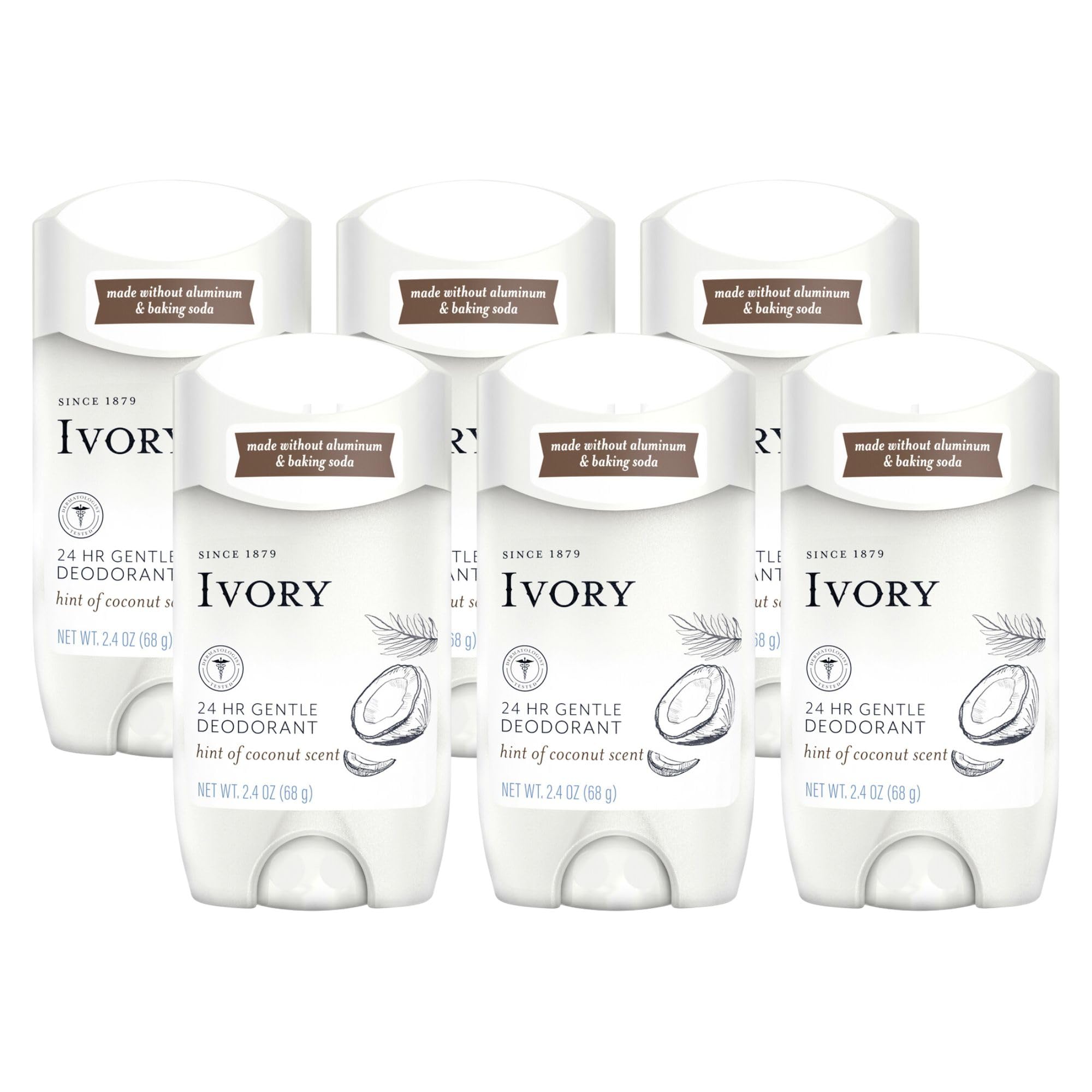 Ivory Aluminum Free Deodorant with Hint of Coconut — 24-Hour Gentle Odor Protection, 6-Pack
