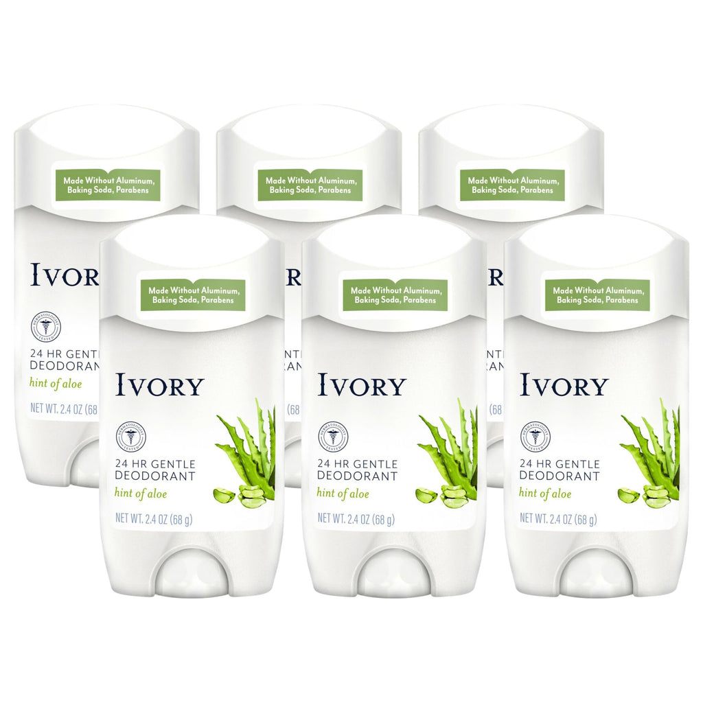 Ivory Aluminum-Free Deodorant with Hint of Aloe — 24h Odor Protection, Pack of 6