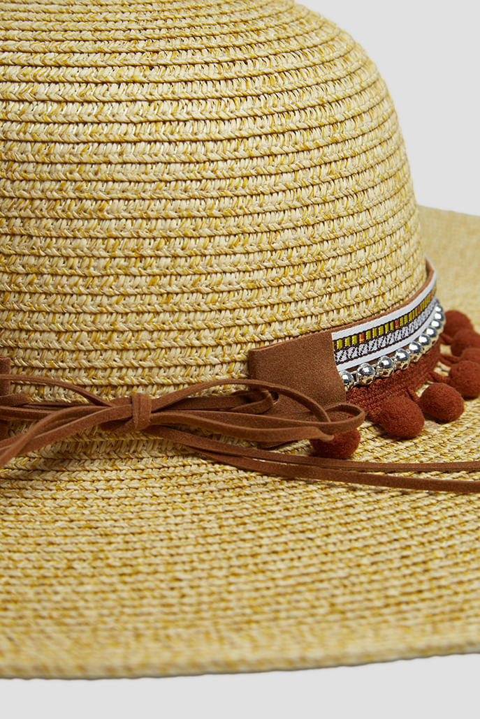 Louche January Large Brim Straw Hat With Pom Trim