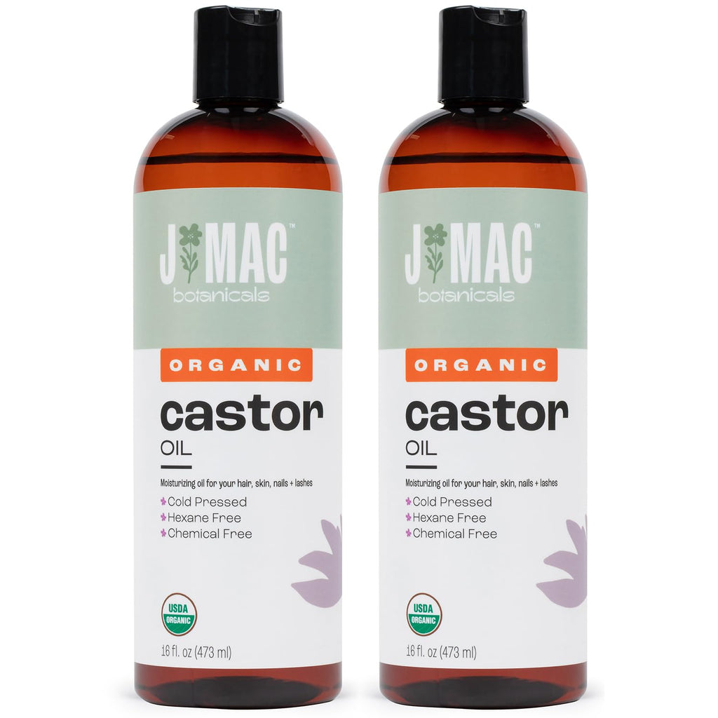 J Mac Botanicals Organic Castor Oil, Cold-Pressed (32 oz) – Two 16 oz Bottles, Hexane-Free for Face, Skin, Eyelashes