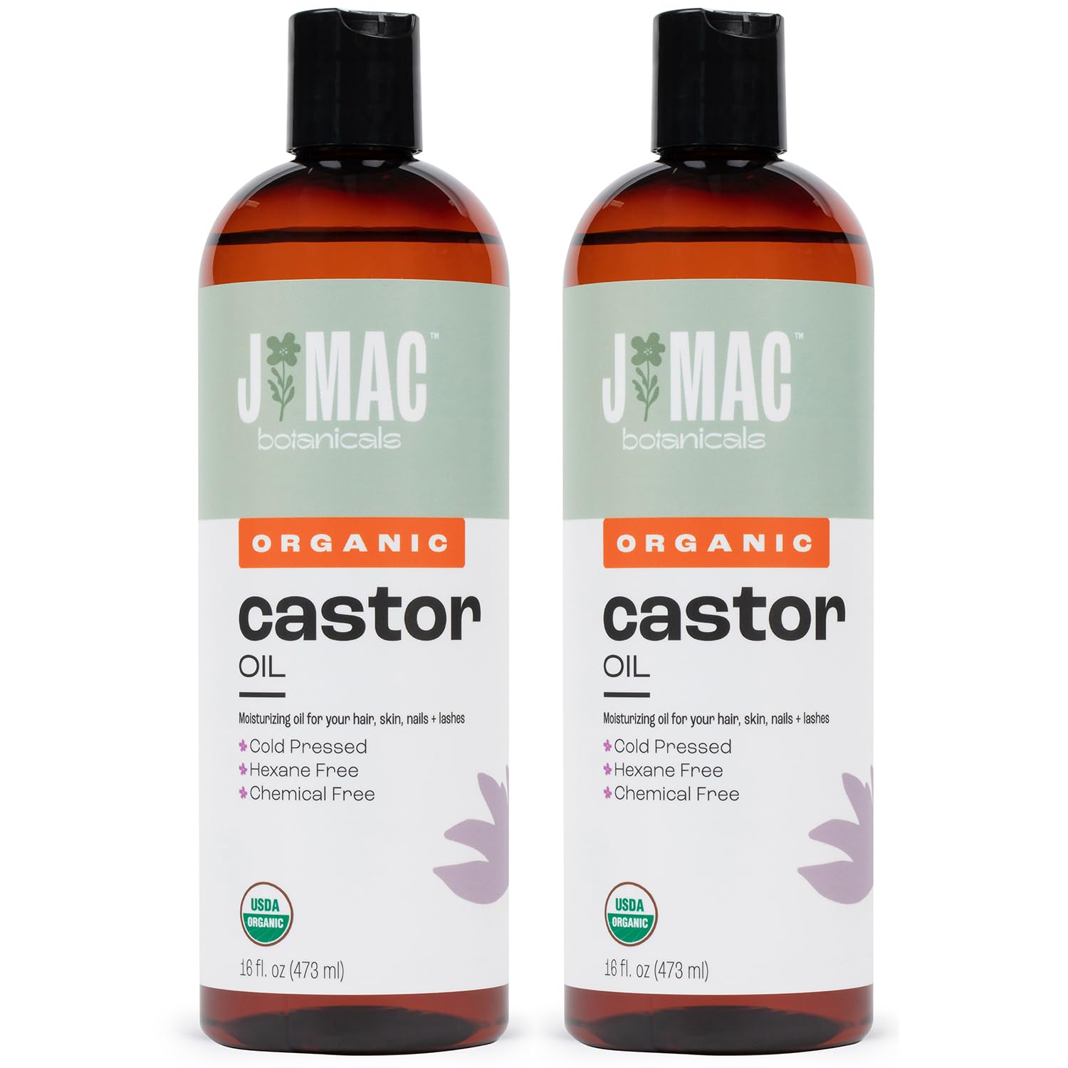 J Mac Botanicals Organic Castor Oil, Cold-Pressed (32 oz) – Two 16 oz Bottles, Hexane-Free for Face, Skin, Eyelashes