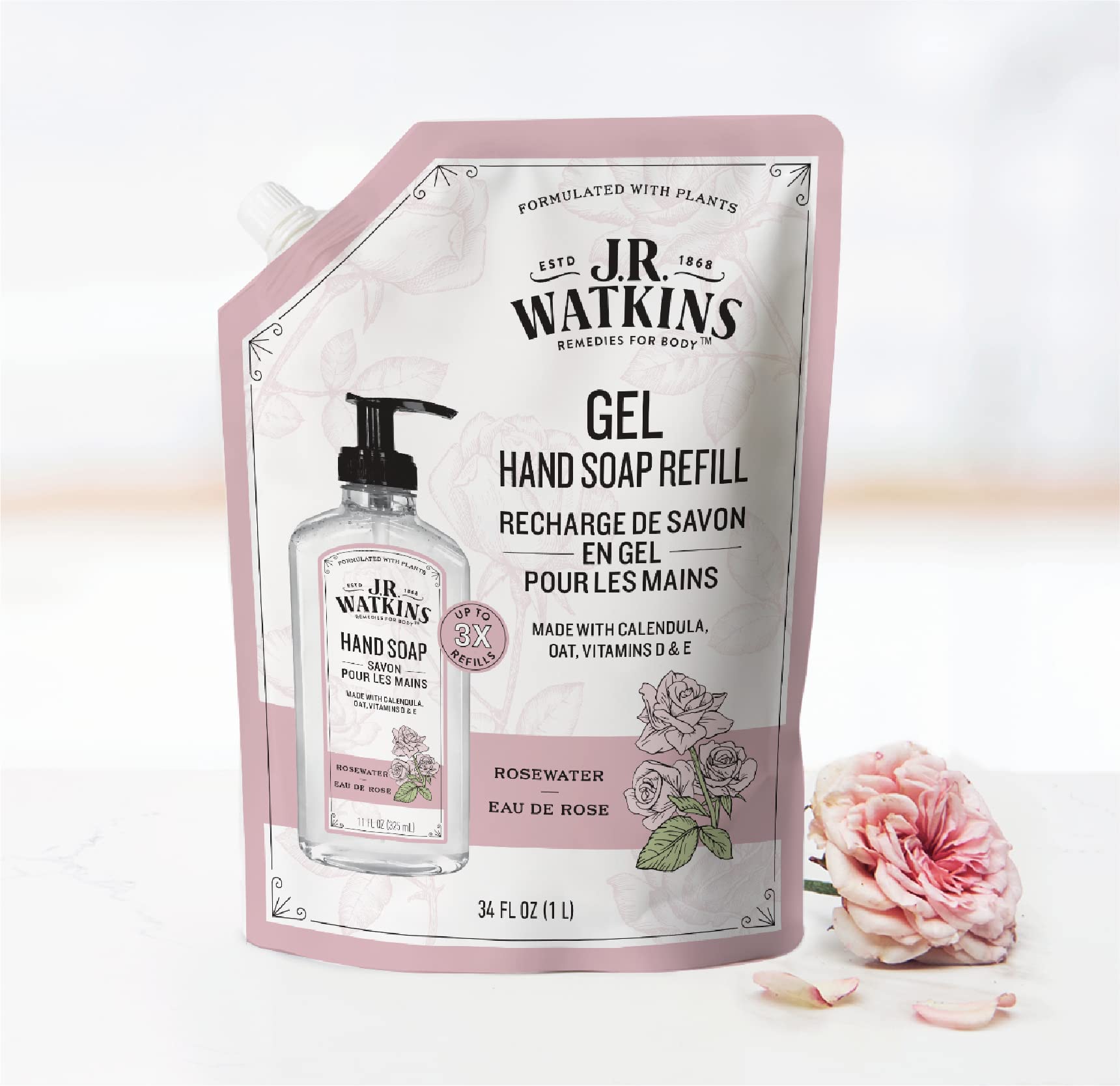 J.R. Watkins Rosewater Liquid Hand Soap Refill Pouch – 1 L