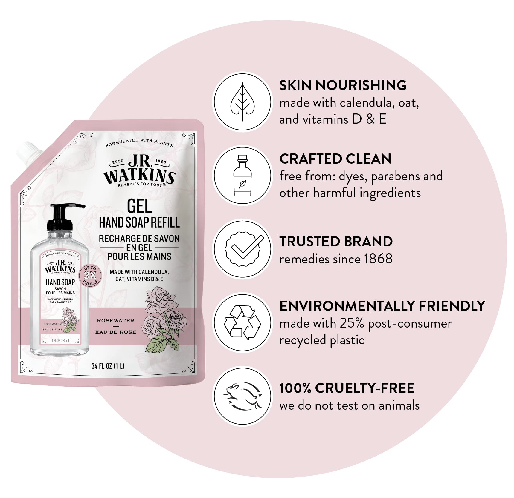 J.R. Watkins Rosewater Liquid Hand Soap Refill Pouch – 1 L