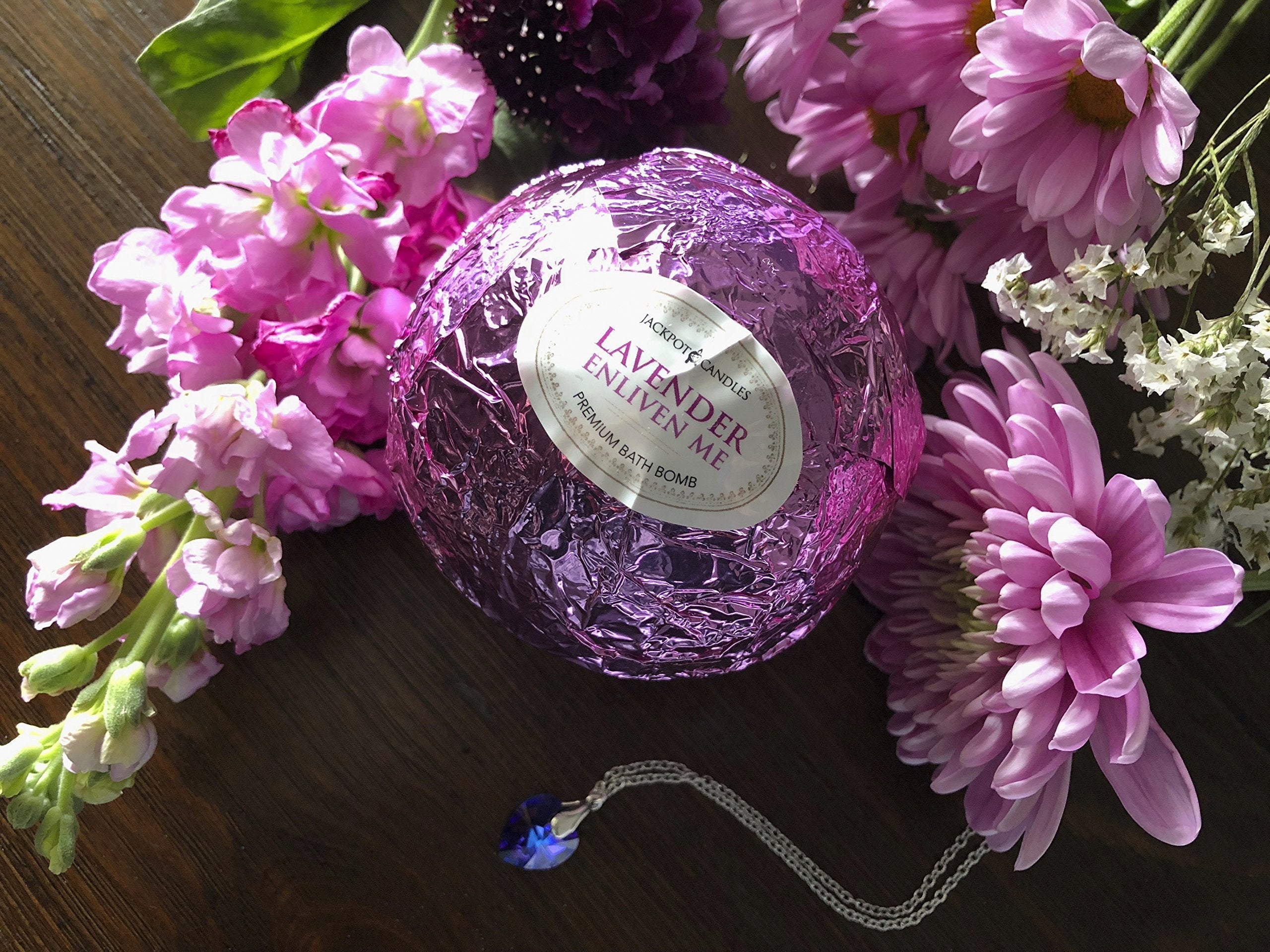 Enliven Me Lavender Bath Bomb with Necklace – Extra Large 10 oz, Made in USA | Jackpot Candles