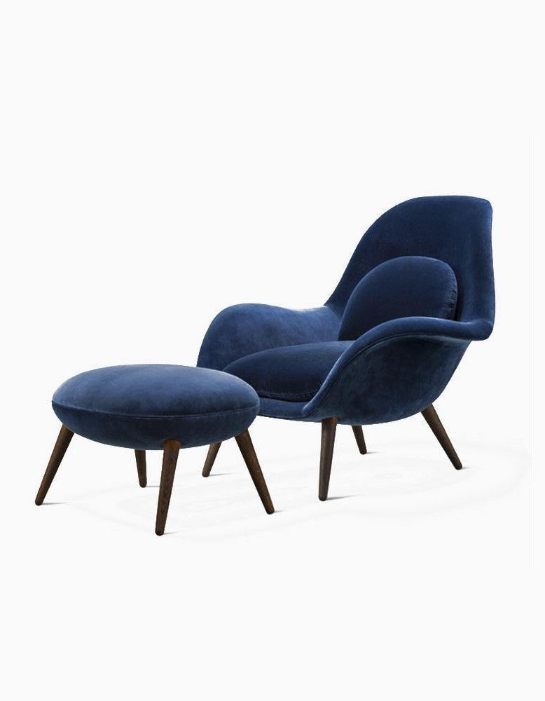 Swoon Lounge Petit Armchair And Stool, Blue Velvet, Wood Leg