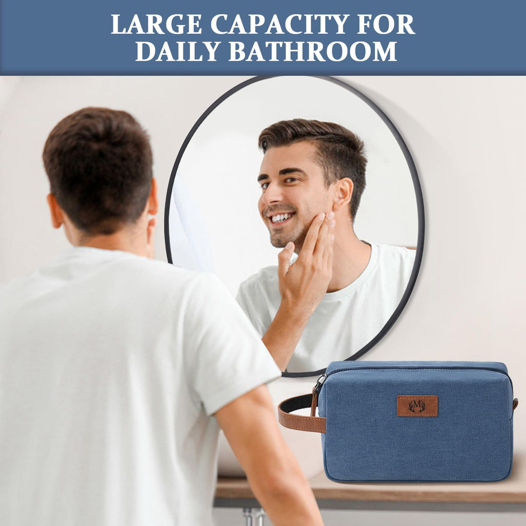 Janhavi Waterproof Makeup Bag with Engraved Initials – Blue Canvas Dopp Kit for Travel