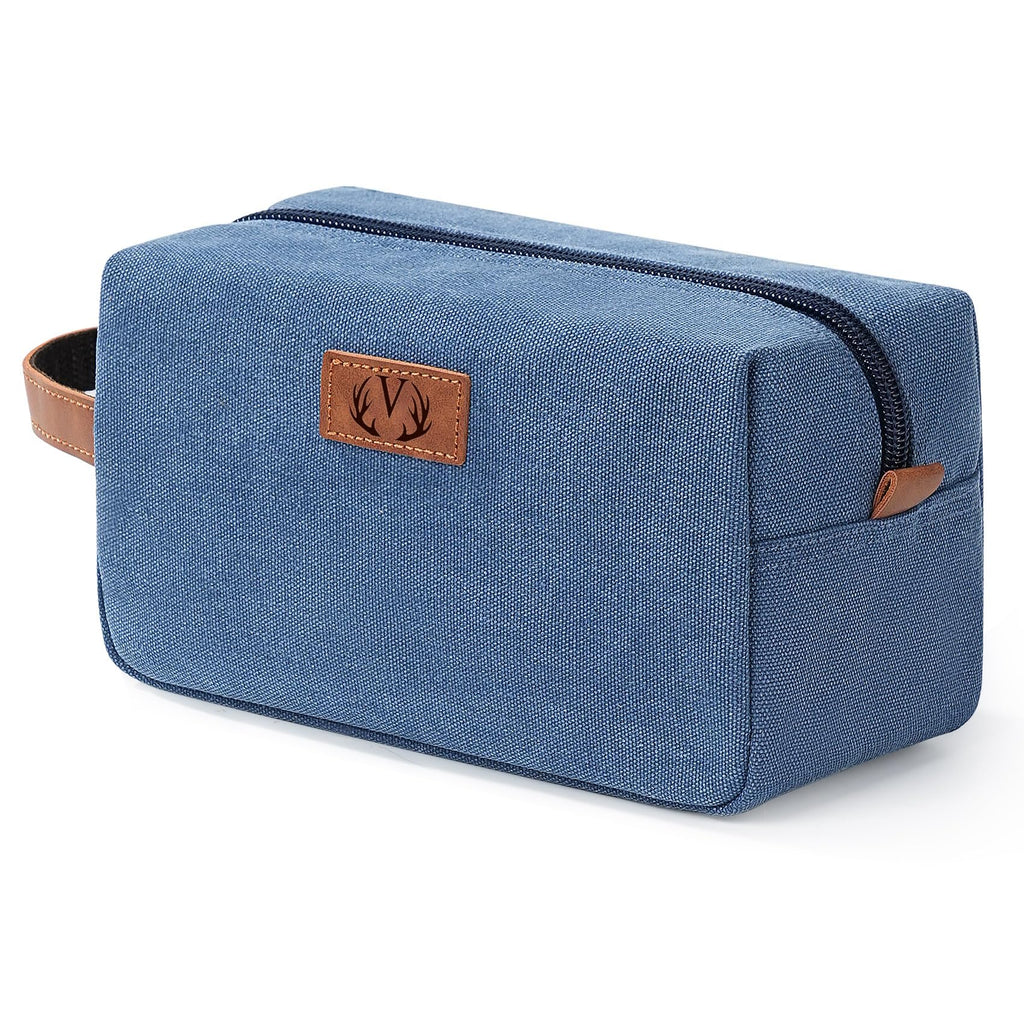 Janhavi Waterproof Makeup Bag with Engraved Initials – Blue Canvas Dopp Kit for Travel