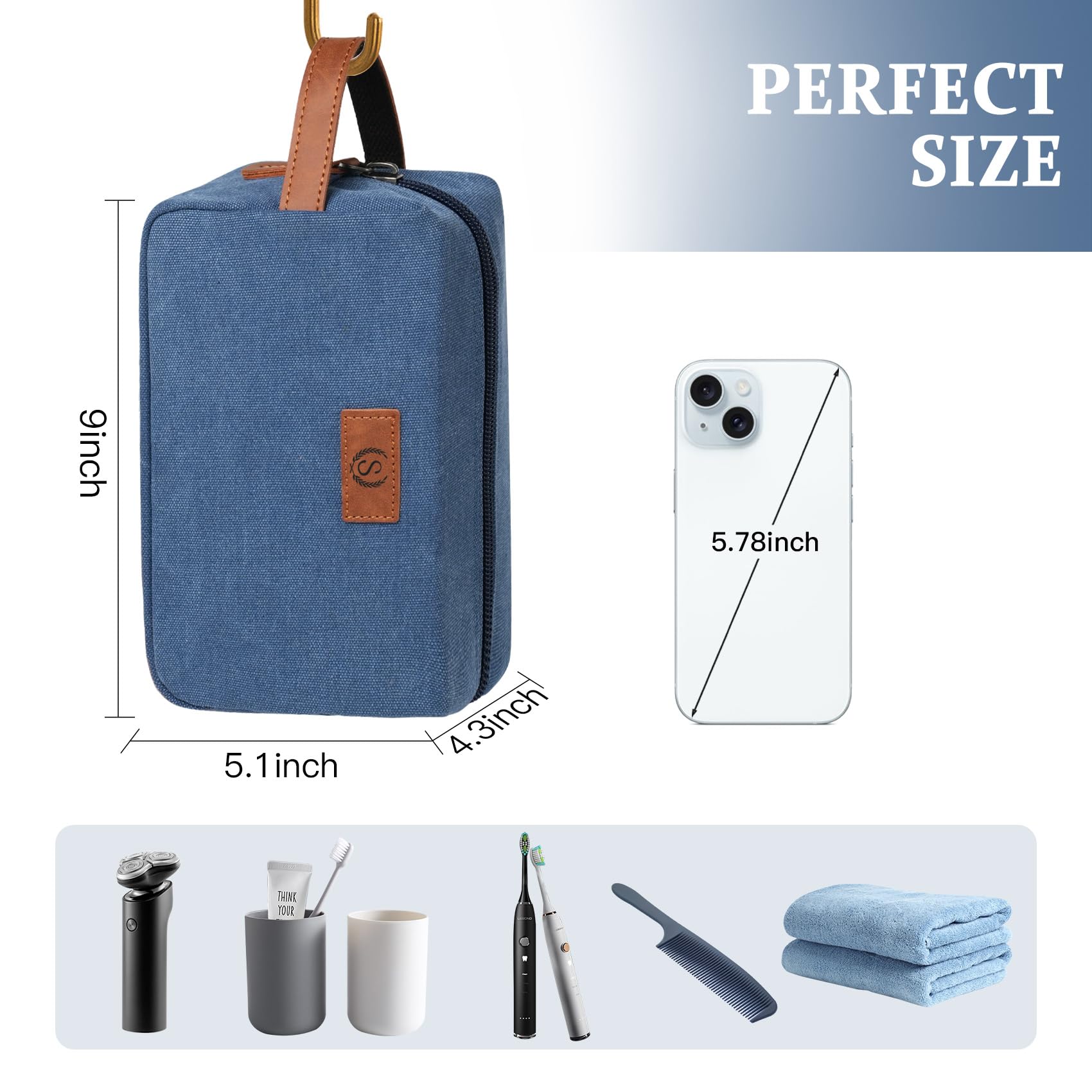 Janhavi Waterproof Makeup Bag with Engraved Initials – Blue Canvas Dopp Kit for Travel