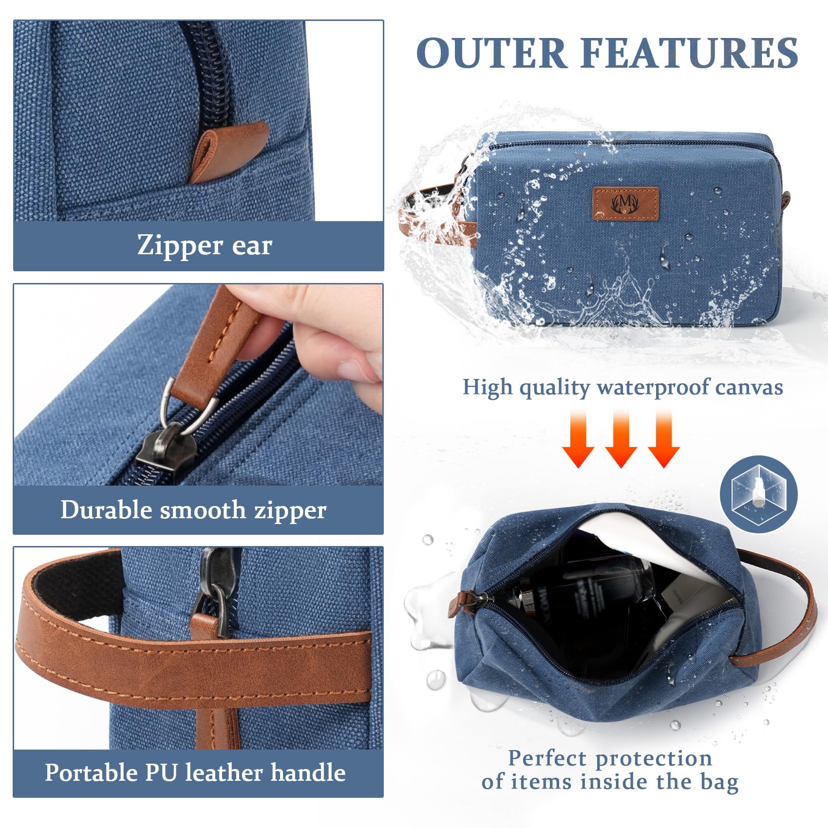 Janhavi Waterproof Makeup Bag with Engraved Initials – Blue Canvas Dopp Kit for Travel