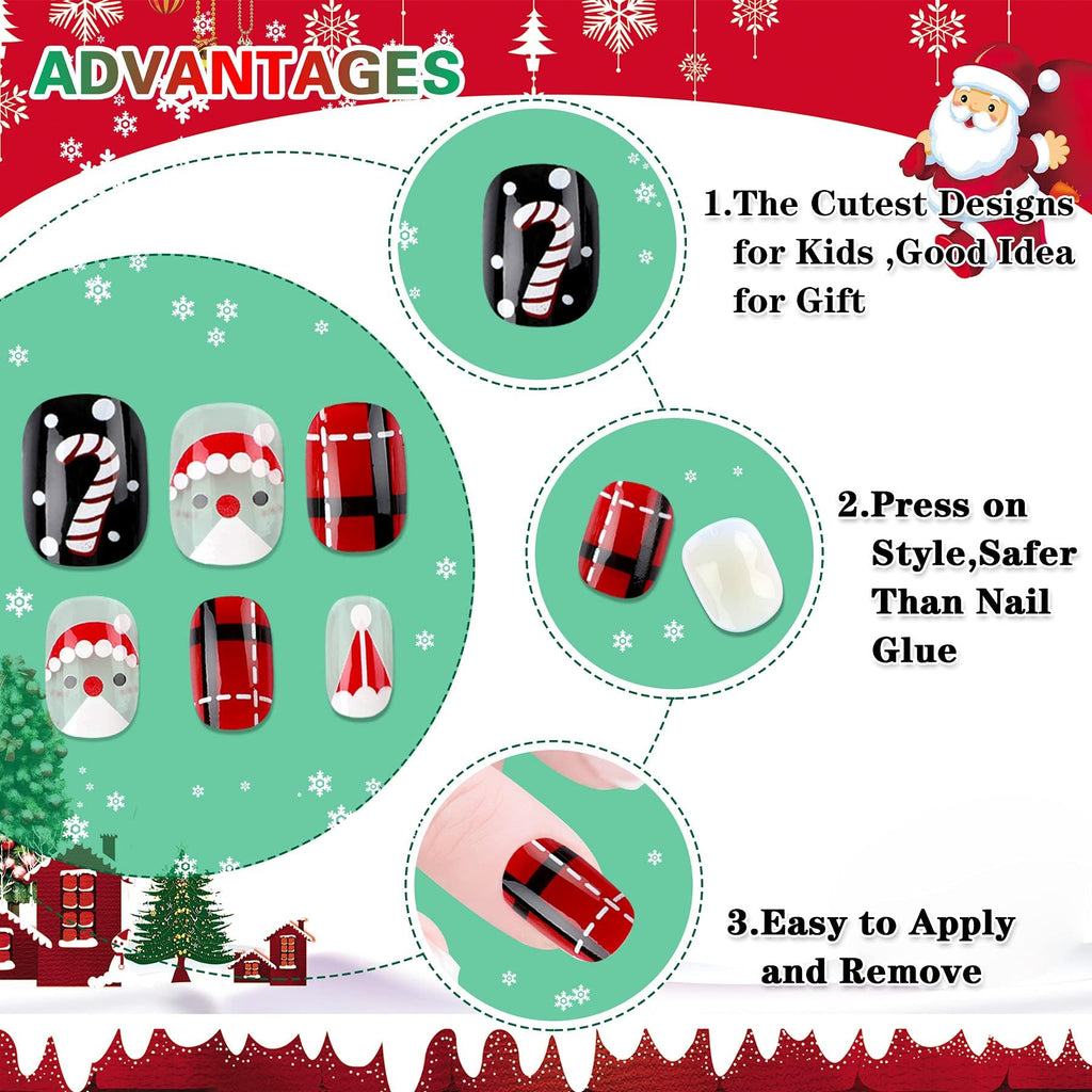 JANYUN Christmas Kids False Nails – 96 Pcs Stick-On Nails for Festive Short Nail Art