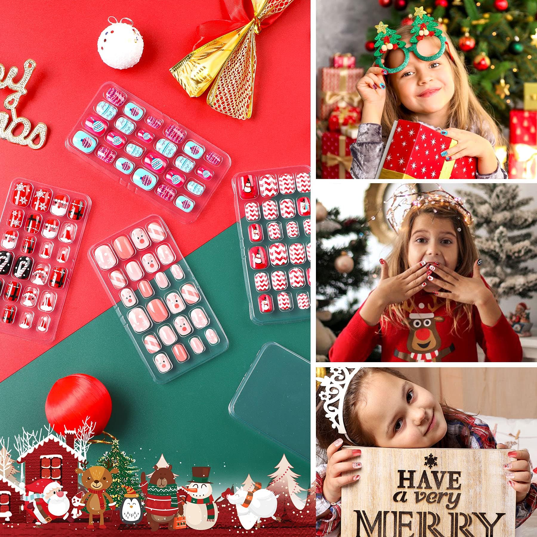 JANYUN Christmas Kids False Nails – 96 Pcs Stick-On Nails for Festive Short Nail Art