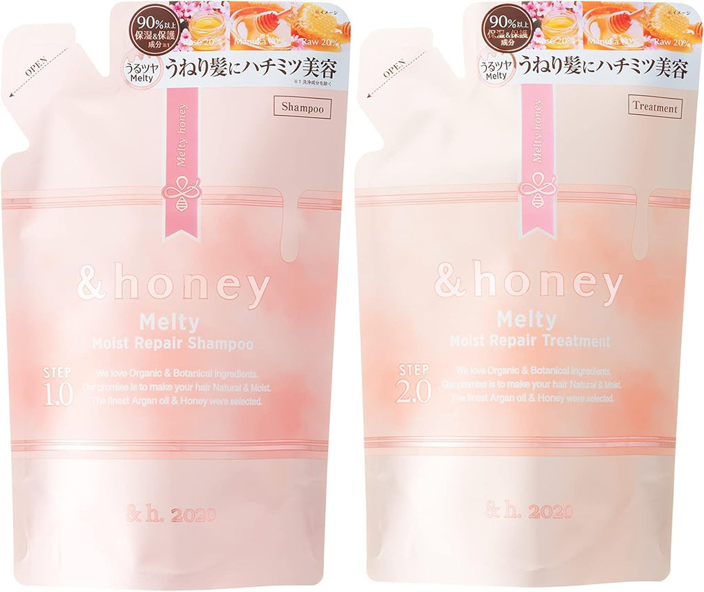 Honey Melty Moist Repair Shampoo & Conditioner Refill Set (350 mL) | Deep Hydration for Wavy, Curly, Kinky Hair | Eco-Friendly Refill Pouch