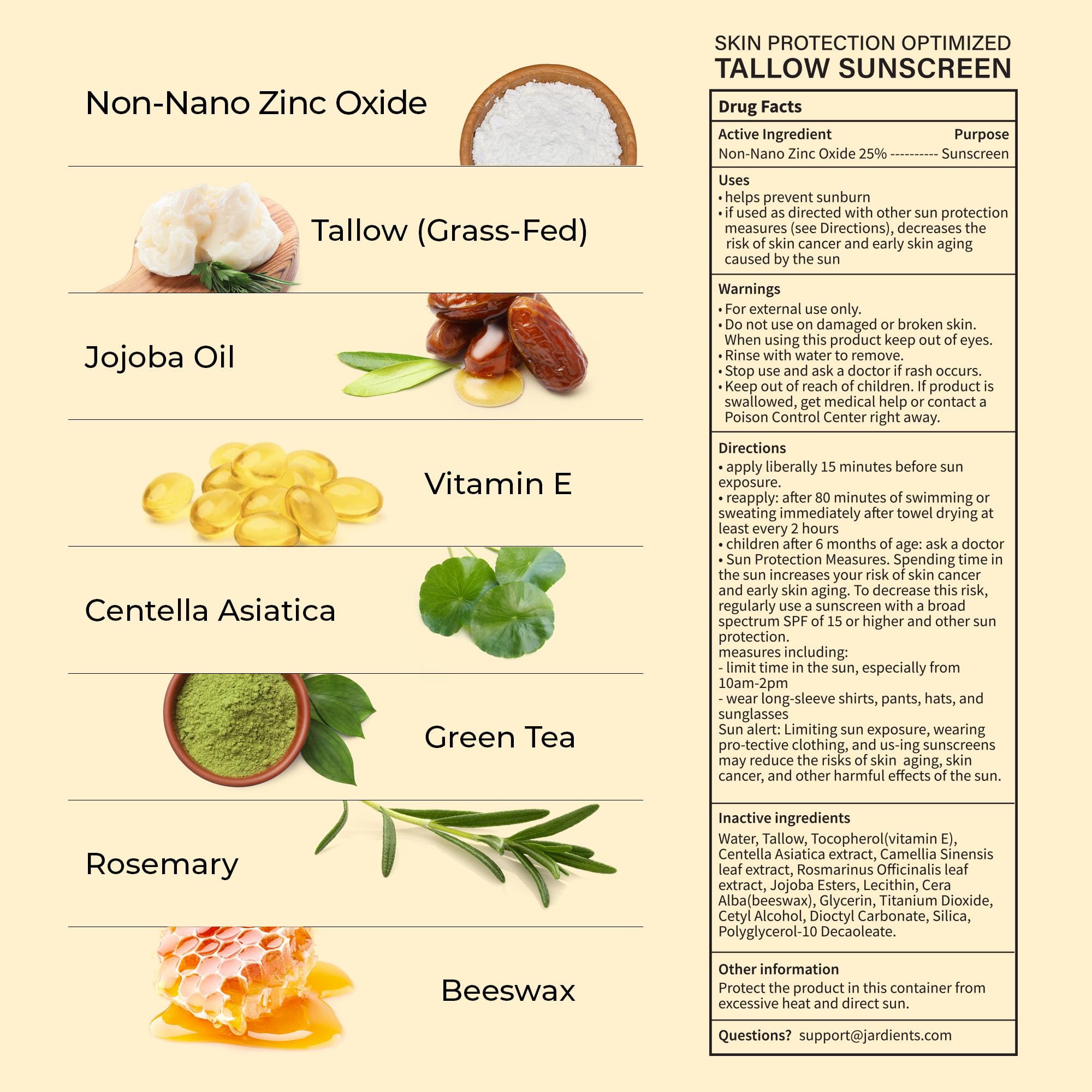 Jardient Beef Tallow Sunscreen SPF 50+ | Mineral, Non-Greasy, Non-Nano Zinc Oxide – 3 oz (85 g)