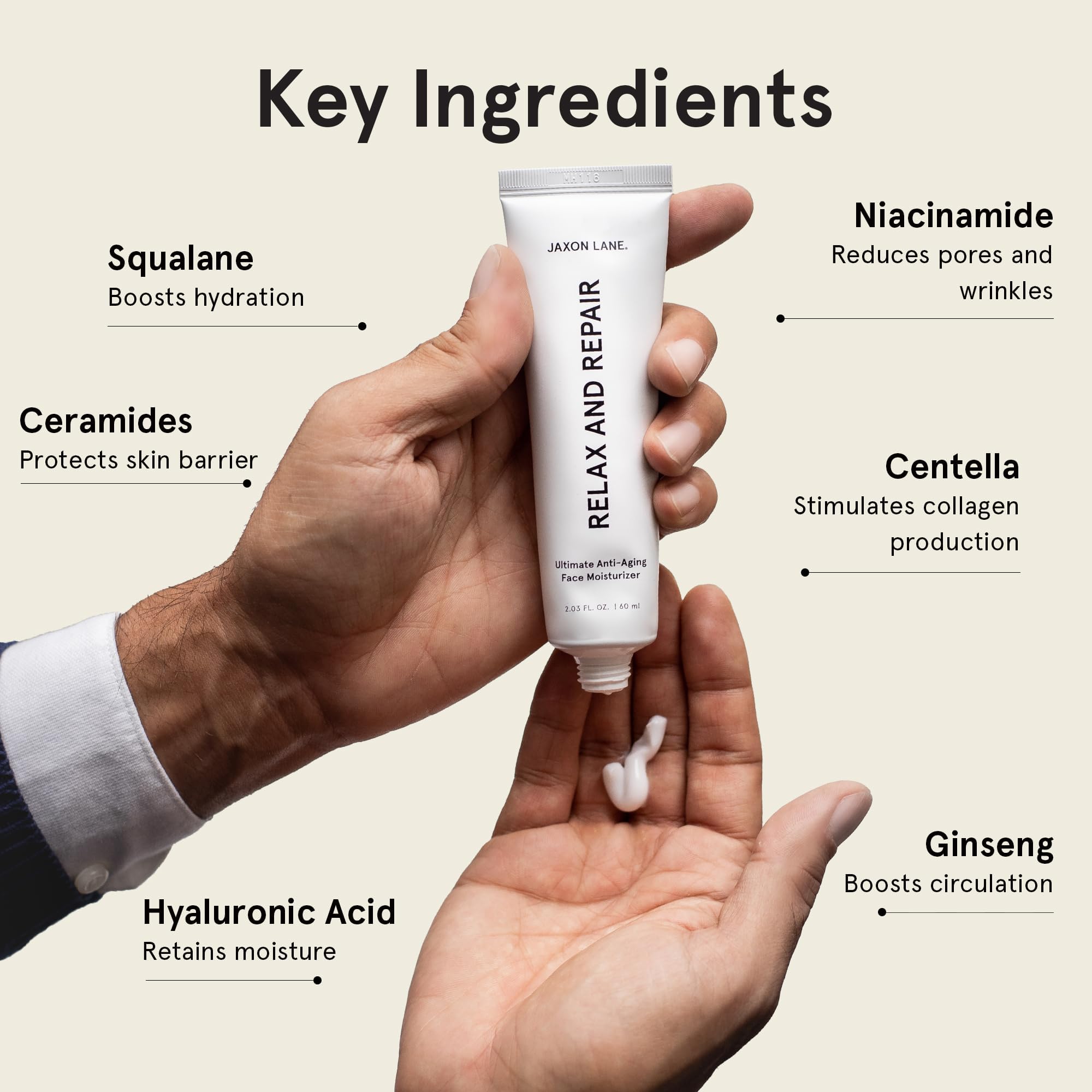 JAXON LANE RELAX AND REPAIR – Anti Aging Moisturizer for Men (2 Tubes) | Niacinamide, Hyaluronic Acid, Ceramides