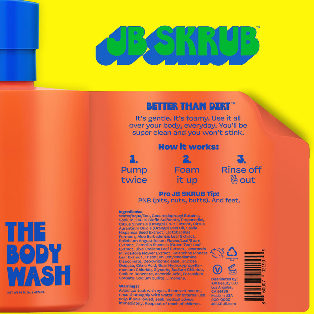 JB SKRUB Body Wash for Kids, Tweens & Teens — Foaming Action, Natural Citrus Scent, No Harsh Ingredients — 14 Oz
