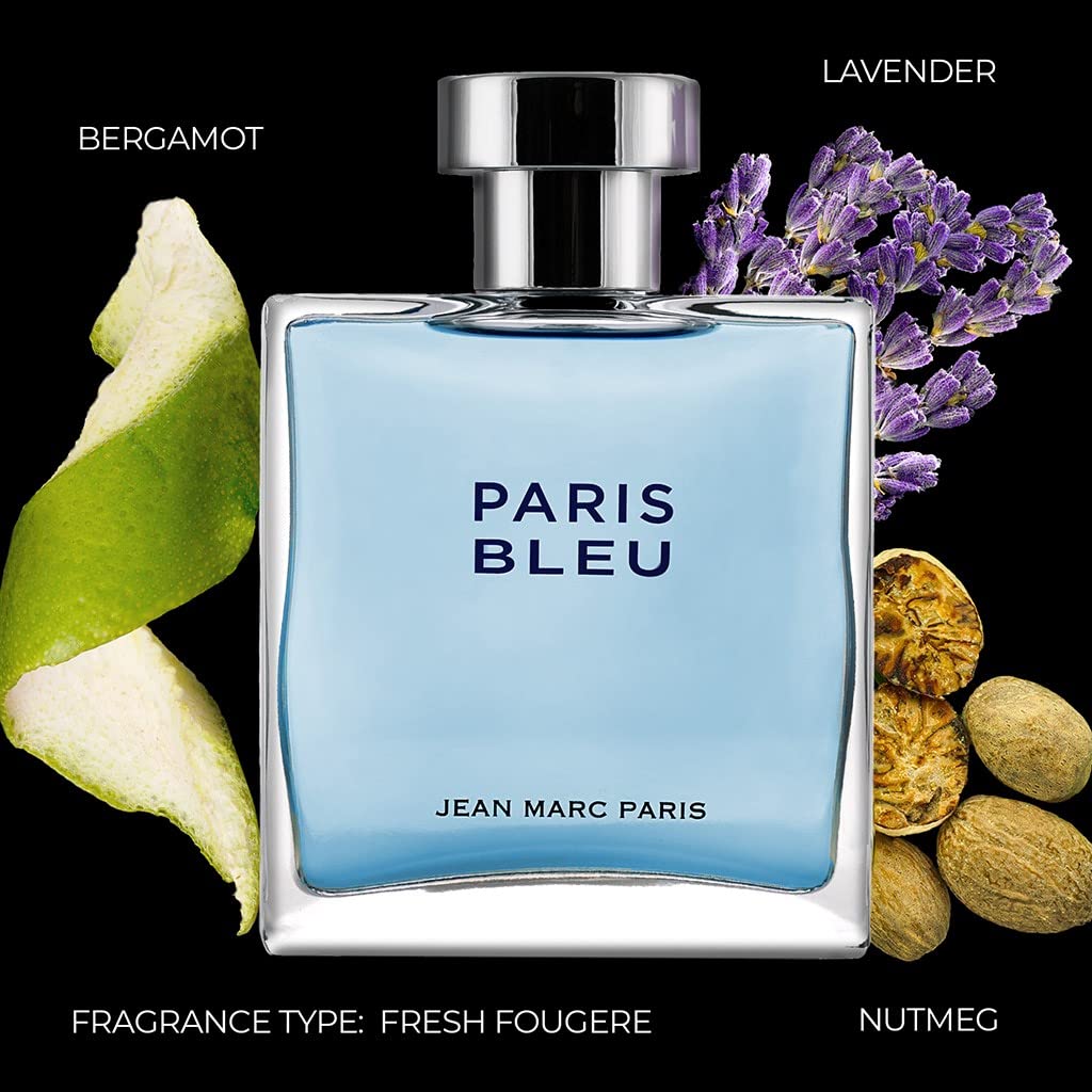 Jean Marc Paris Paris Bleu Homme Eau de Toilette Spray – 3.4 oz | Bergamot, Lavender & Leather