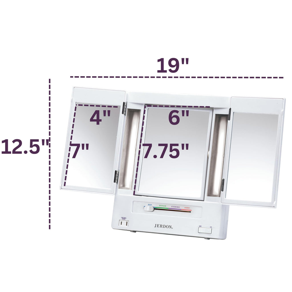 JERDON Tri-Fold Two-Sided Makeup Mirror with Lights — 5X Magnification & 4 Light Settings — White Base (Model JGL9W)