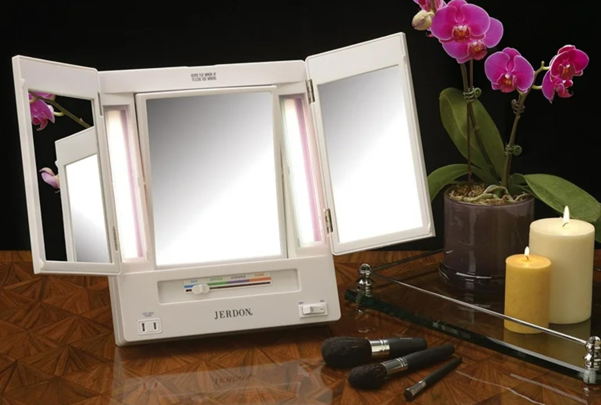 JERDON Tri-Fold Two-Sided Makeup Mirror with Lights — 5X Magnification & 4 Light Settings — White Base (Model JGL9W)