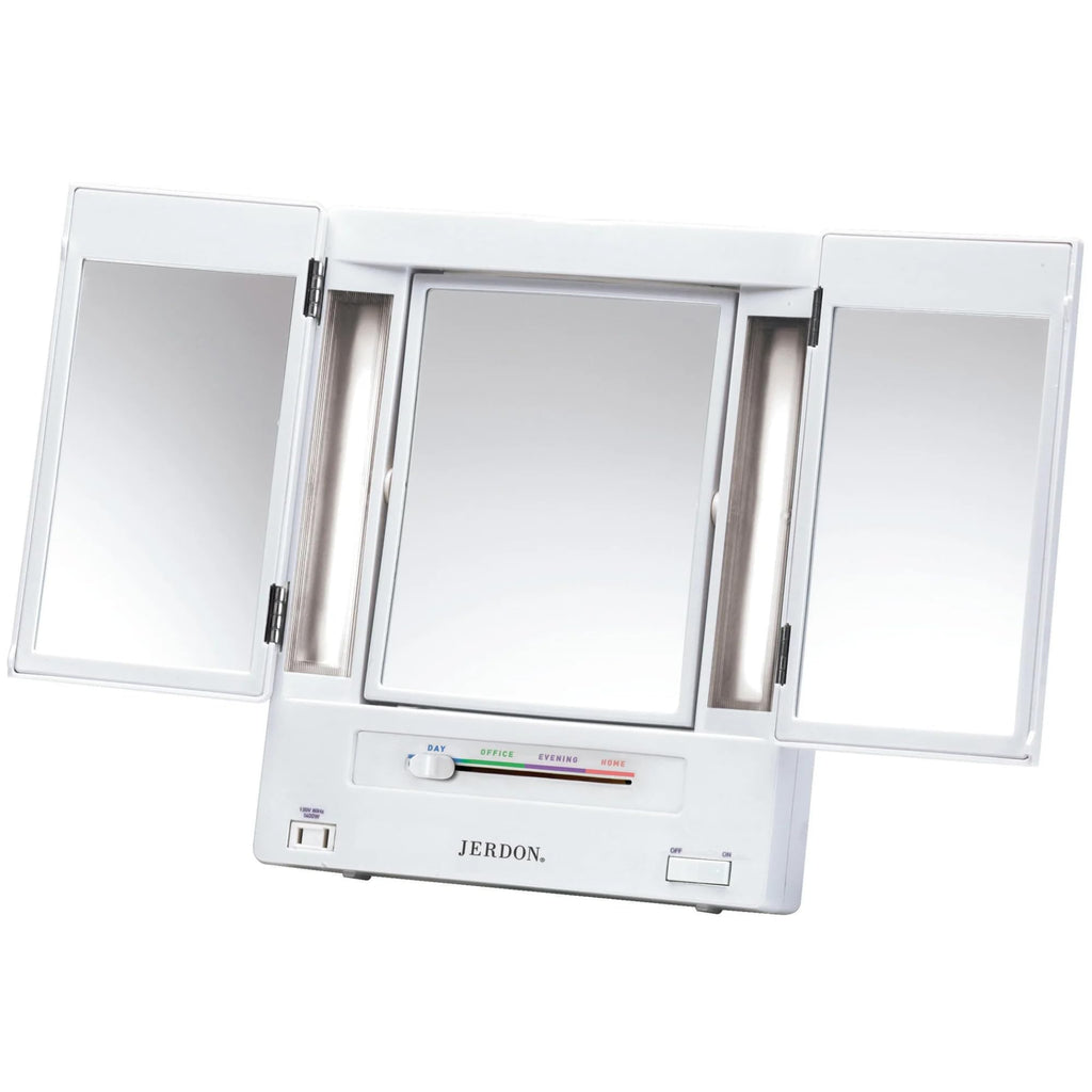 JERDON Tri-Fold Two-Sided Makeup Mirror with Lights — 5X Magnification & 4 Light Settings — White Base (Model JGL9W)
