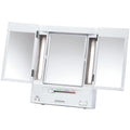 JERDON Tri-Fold Two-Sided Makeup Mirror with Lights — 5X Magnification & 4 Light Settings — White Base (Model JGL9W)