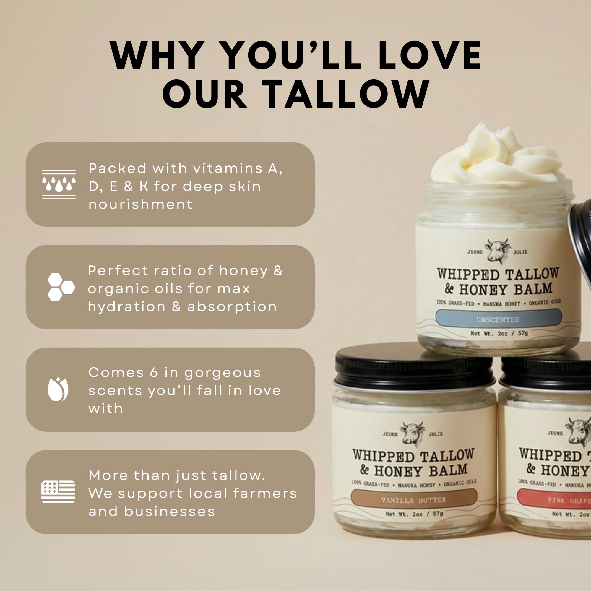 Jeune Jolie Whipped Grass-Fed Tallow Balm with Manuka Honey — Organic Jojoba, Unscented 2 oz
