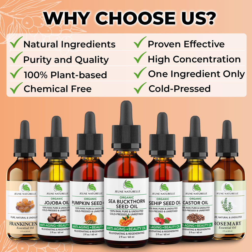 Jeune Naturelle Organic Sea Buckthorn Oil – 100% Pure, RAW Virgin, Cold-Pressed, Non-Comedogenic, Travel Size