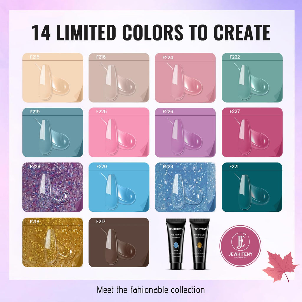 JEWHITENY Poly Gel Nail Kit – 14 Colors, 48W UV Lamp, Base & Top Coats, All-in-One Starter Kit