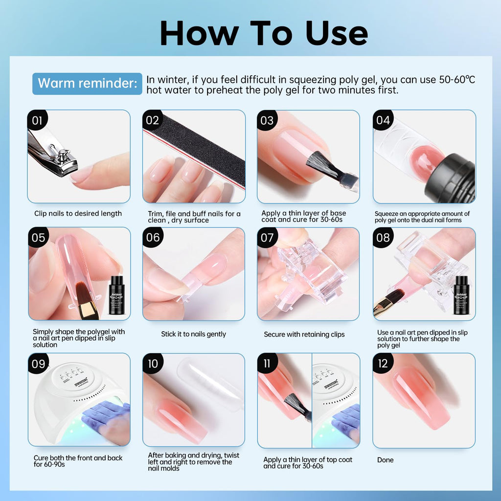 JEWHITENY Poly Nail Gel Kit – 14 Colors, 48W UV/LED Lamp, All-in-One DIY Gel Nails at Home