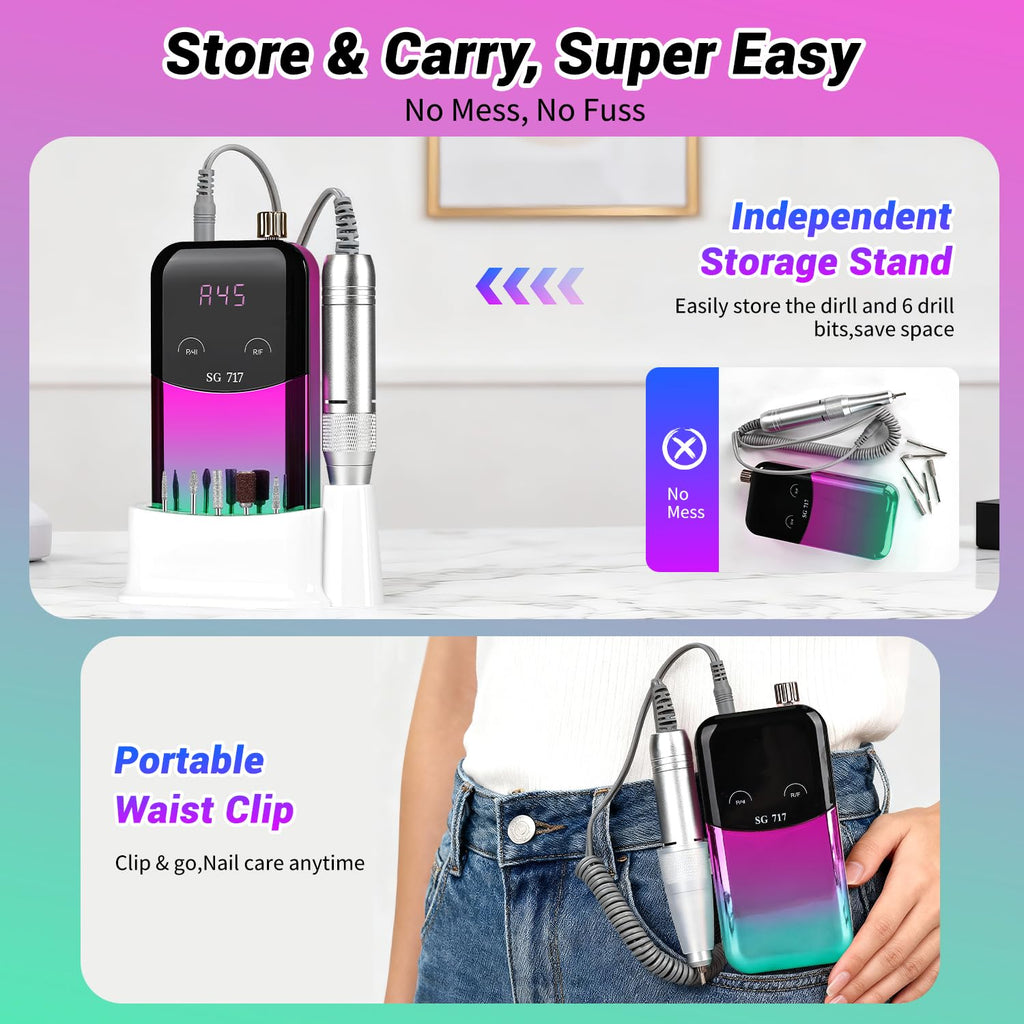 JEWHITENY SG717 Portable Nail Drill – 45000RPM Rechargeable E-File for Acrylic & Gel Nails
