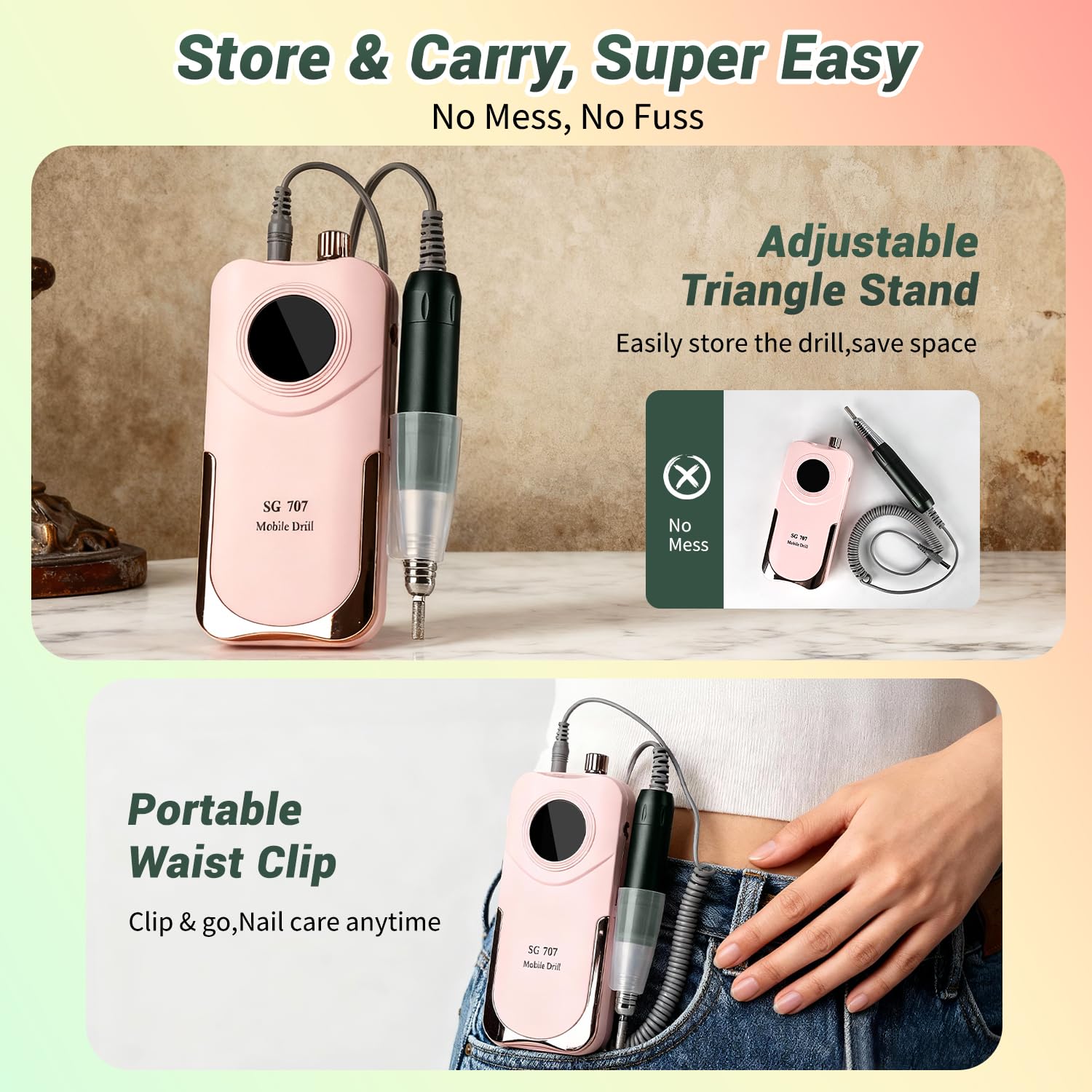 JEWHITENY SG707 Nail Drill — 35000 RPM Rechargeable Electric Nail File with 6 Bits