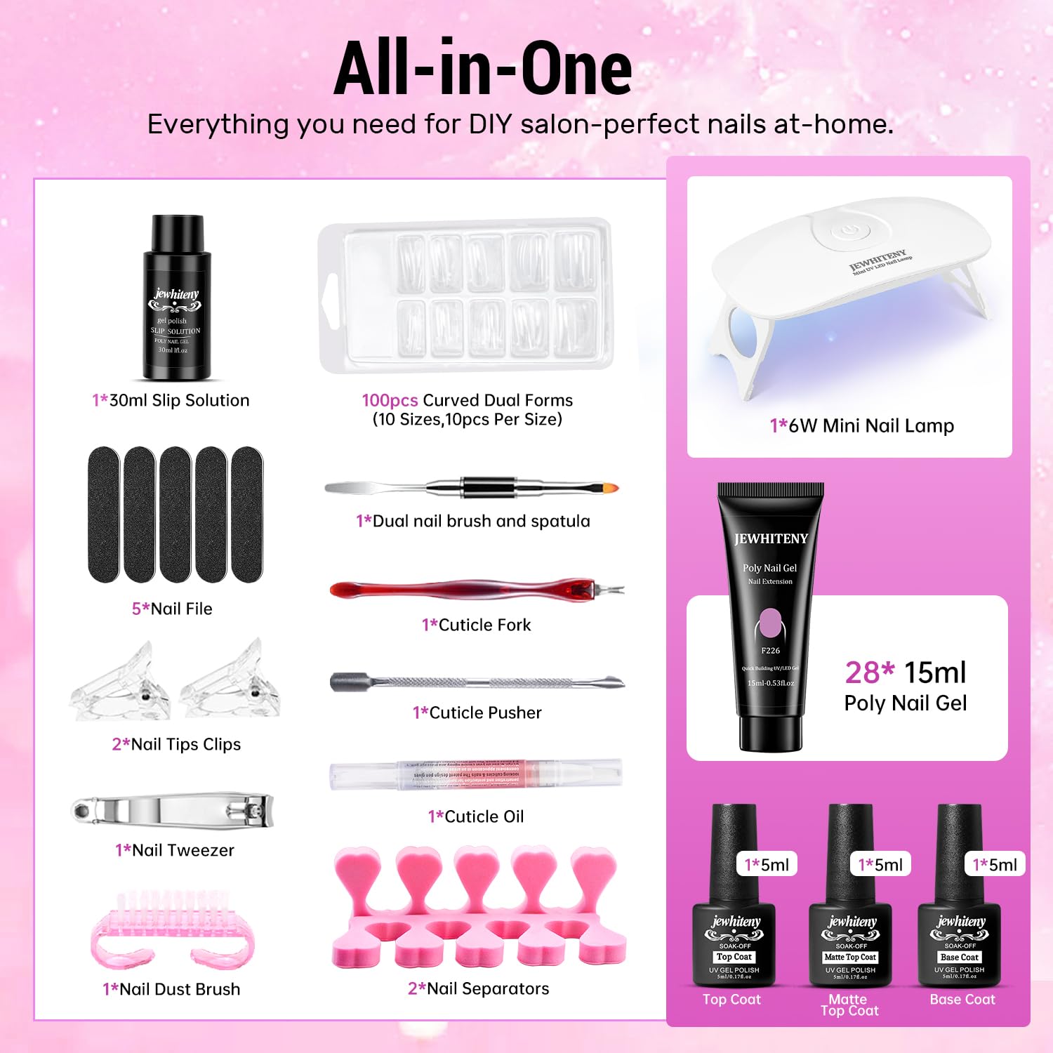 JEWHITENY Poly Gel Nail Kit – All-In-One 28-Color Set with UV Lamp, Builder Gel & Top Coats