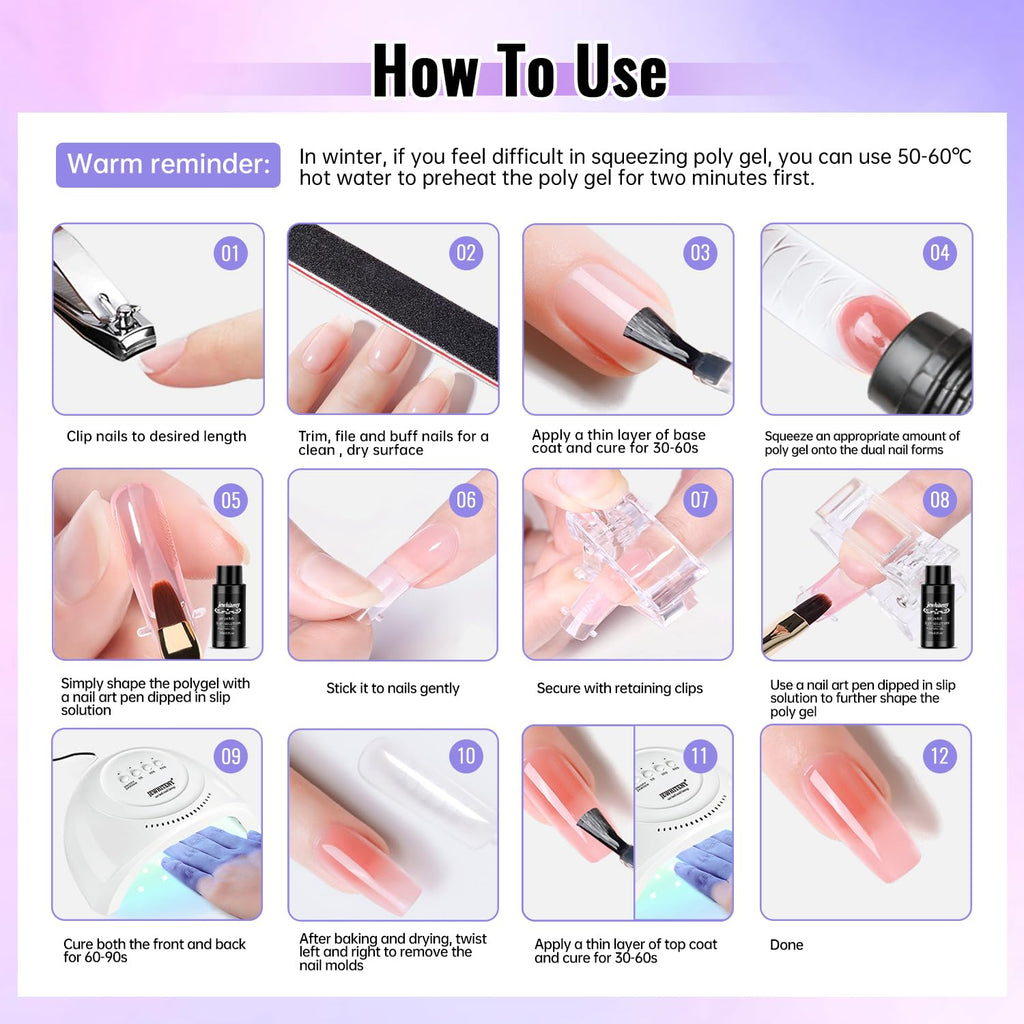 JEWHITENY Poly Gel Nail Kit – 14 Colors, 48W UV Lamp, Base & Top Coats, All-in-One Starter Kit