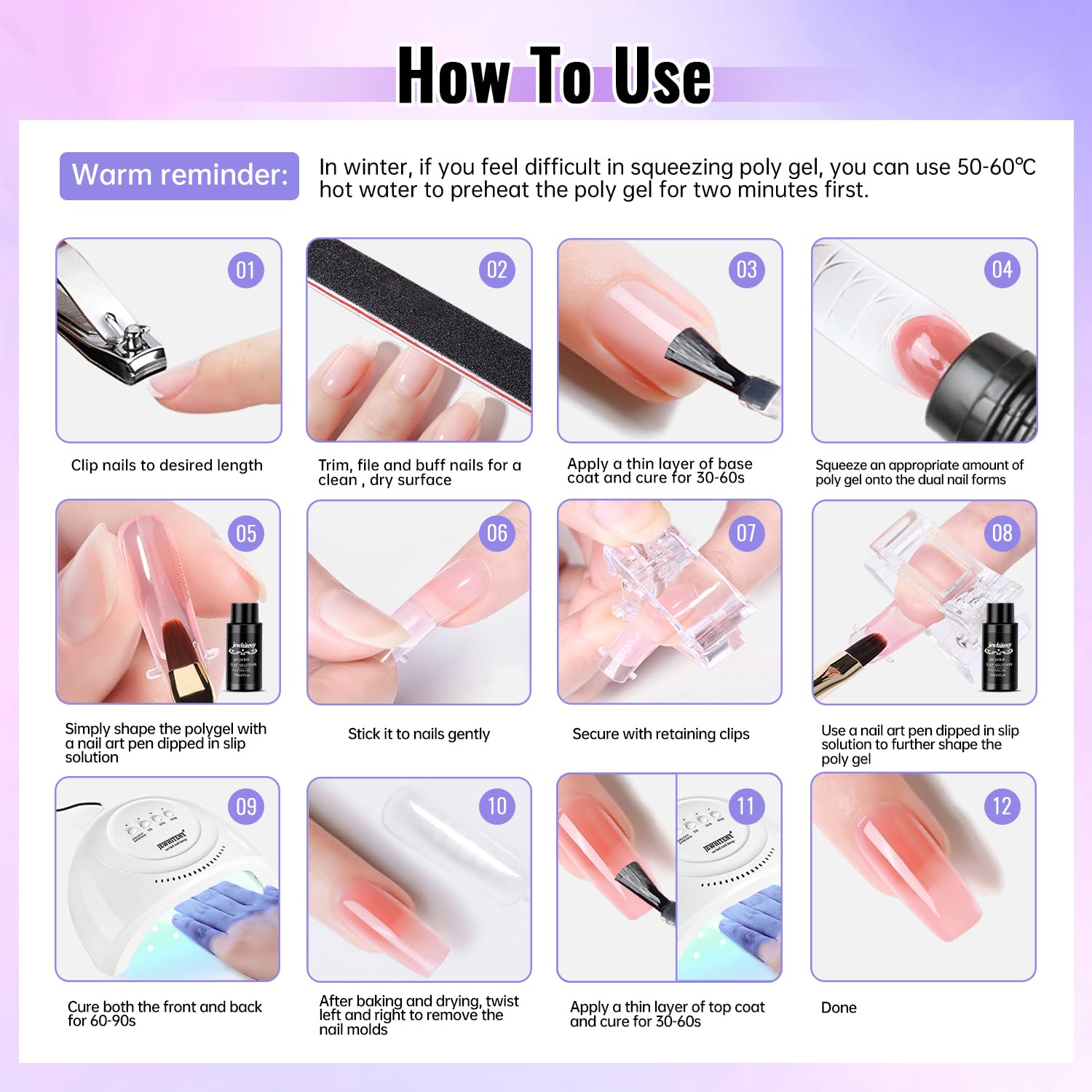 JEWHITENY Poly Gel Nail Kit – 14 Colors, 48W UV Lamp, Base & Top Coats, All-in-One Starter Kit