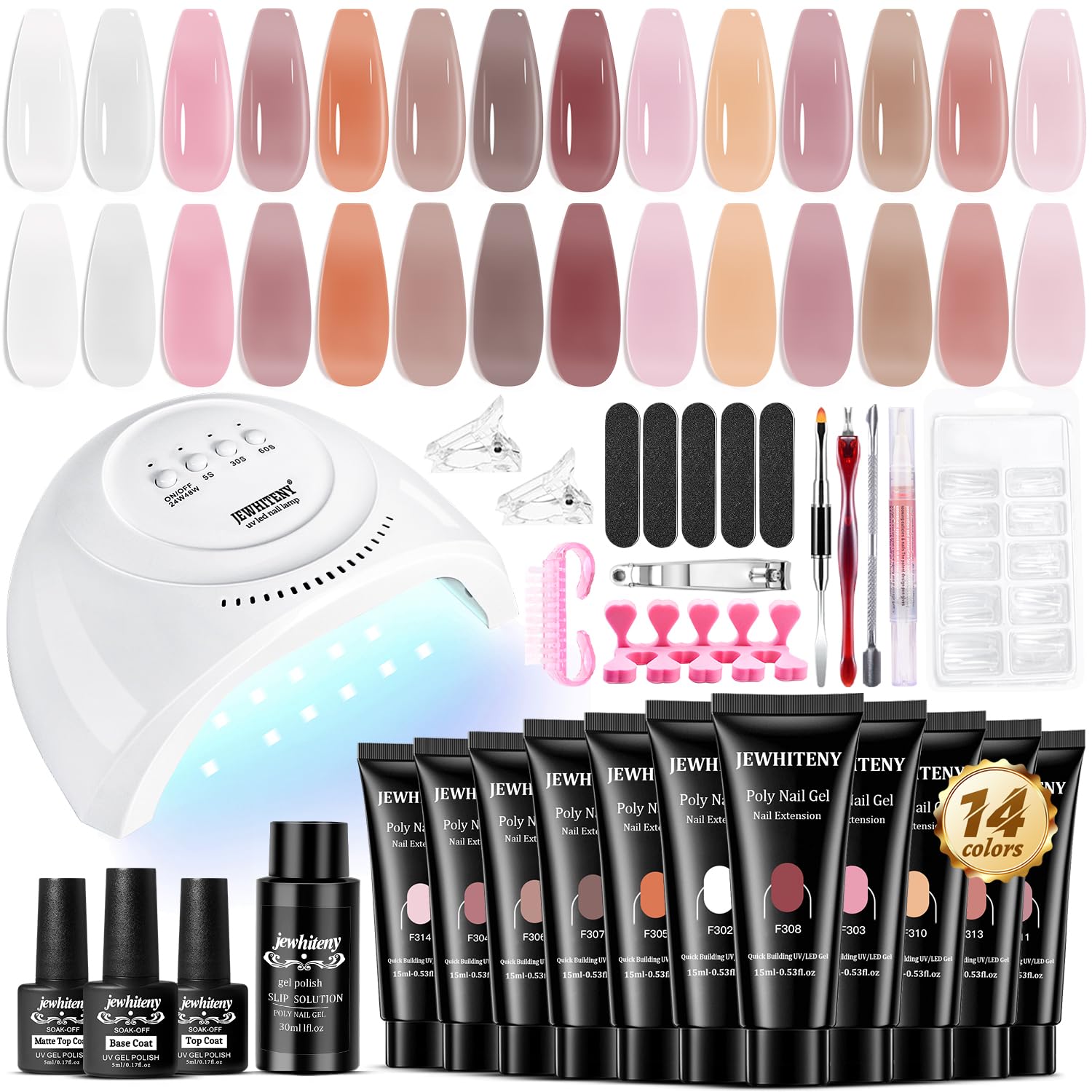 JEWHITENY Poly Extension Gel Kit with 48W LED Lamp — 14 Colors All-in-One Builder Kit