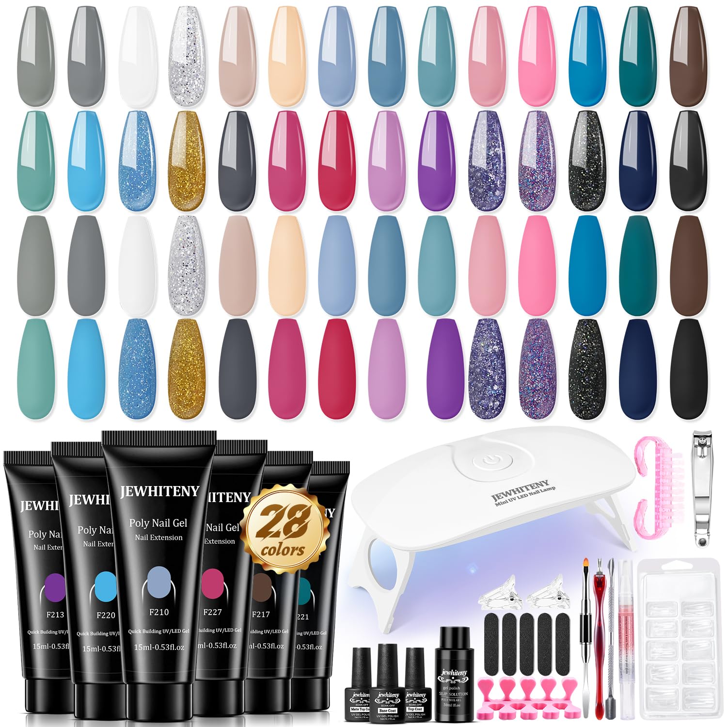 JEWHITENY Poly Gel Nail Kit – All-In-One 28-Color Set with UV Lamp, Builder Gel & Top Coats