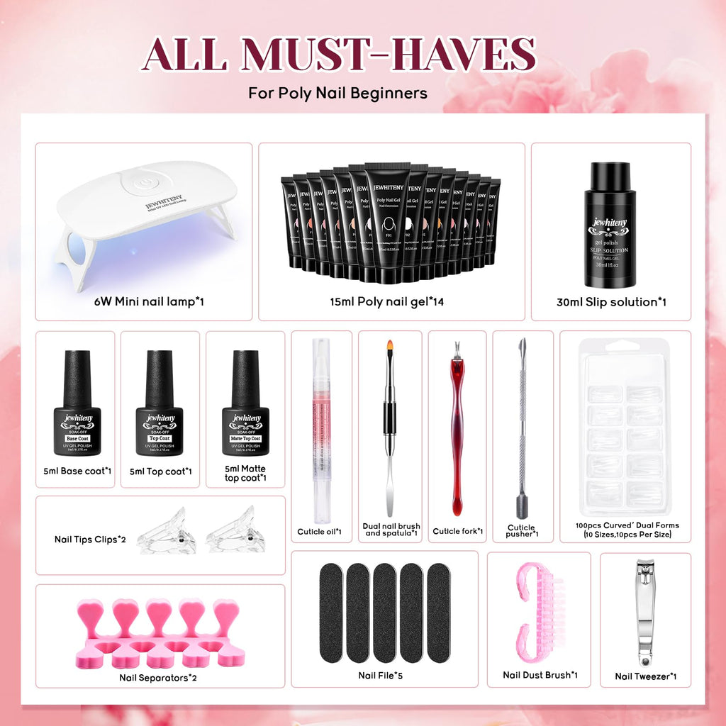 JEWHITENY 14-Piece Poly Nail Gel Kit with LED Lamp – All-in-One Starter Set