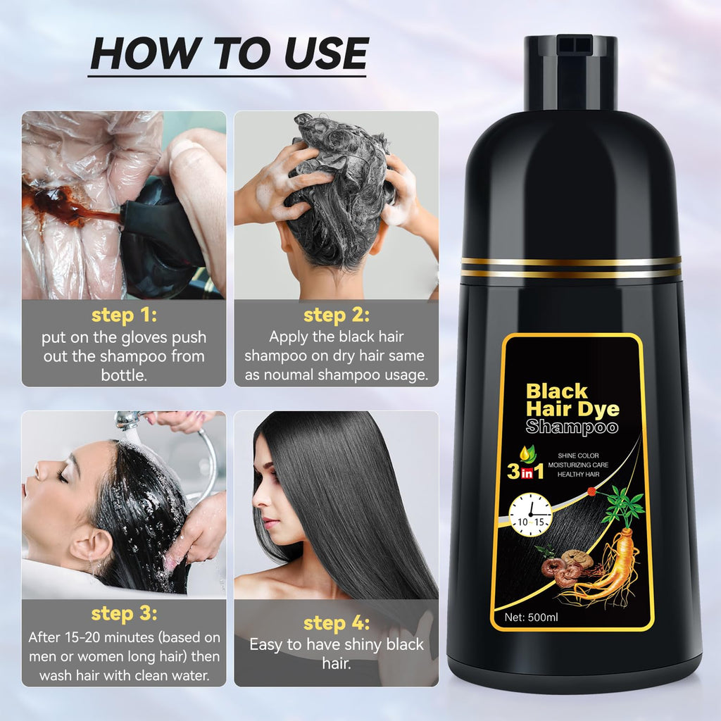 JIESSIA 3 IN 1 Hair Color Shampoo Dye — Semi-Permanent Grey Coverage, Herbal Blend, 16.9 fl oz