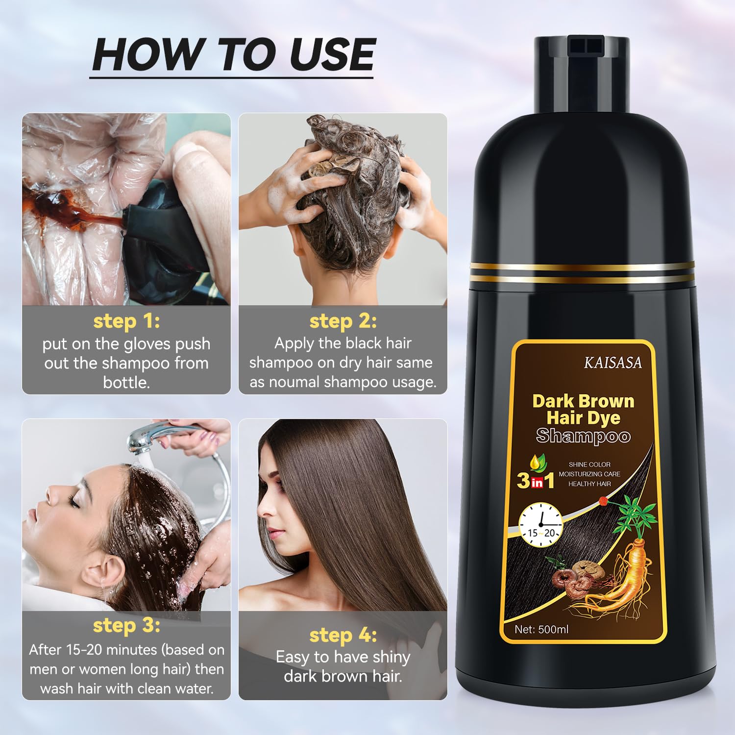 JIESSIA Dark Brown Hair Dye Shampoo 3-in-1 for Gray Hair Coverage | 16.9 fl oz