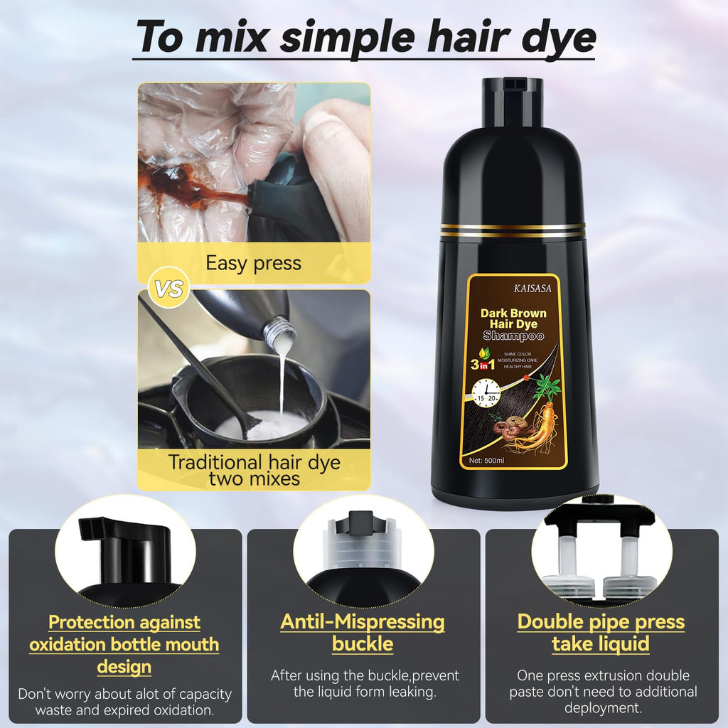JIESSIA Dark Brown Hair Dye Shampoo 3-in-1 for Gray Hair Coverage | 16.9 fl oz