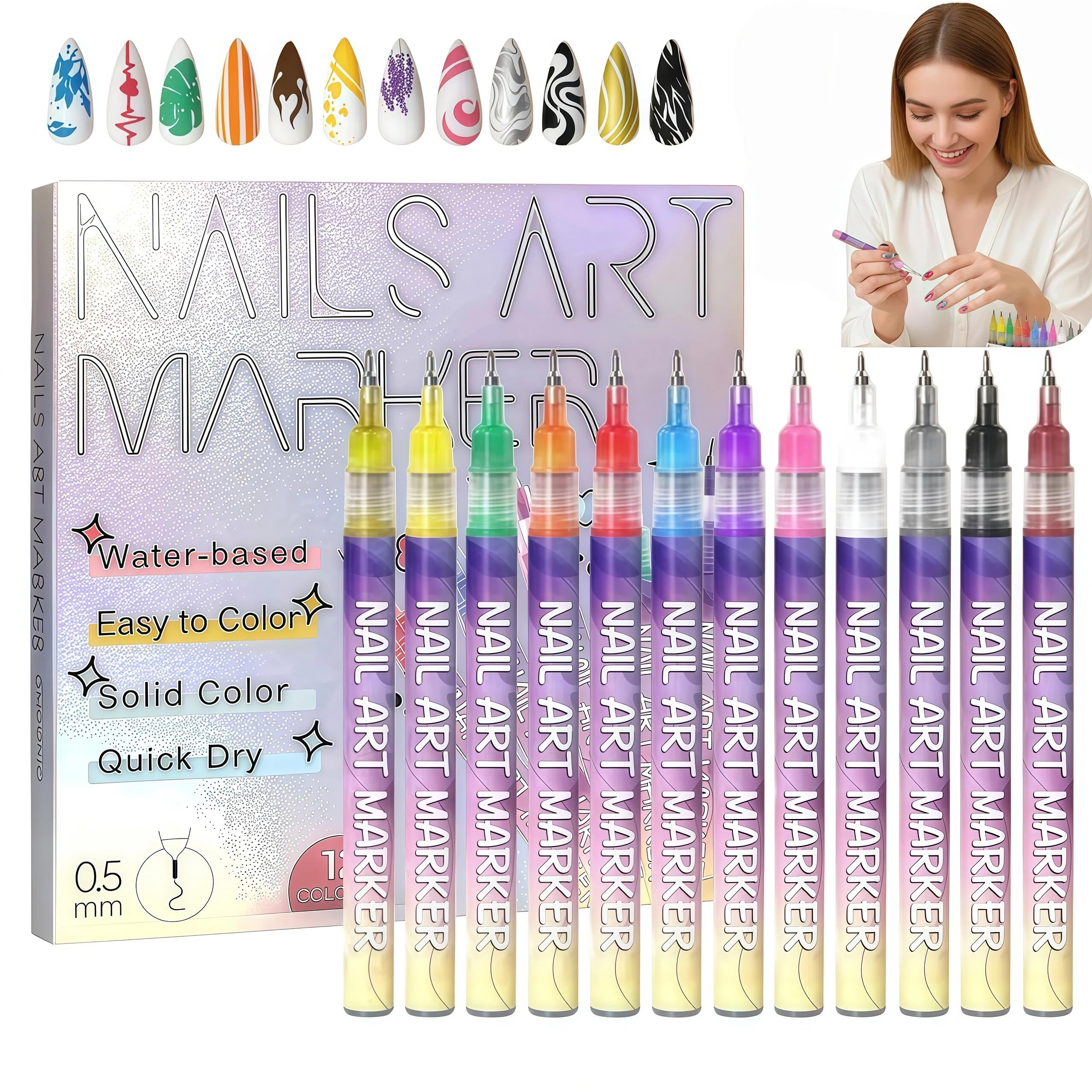JIJOE Nail Art Pen Set – 12 Quick-Dry Nail Art Pens for Beginners | Adult DIY Manicure Toolkit