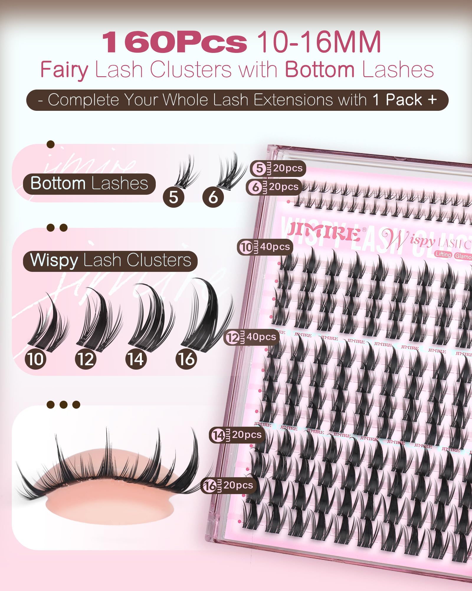 JIMIRE Manga Lash Clusters with Spikes – 160 Pcs, 10–16mm, Invisible Band
